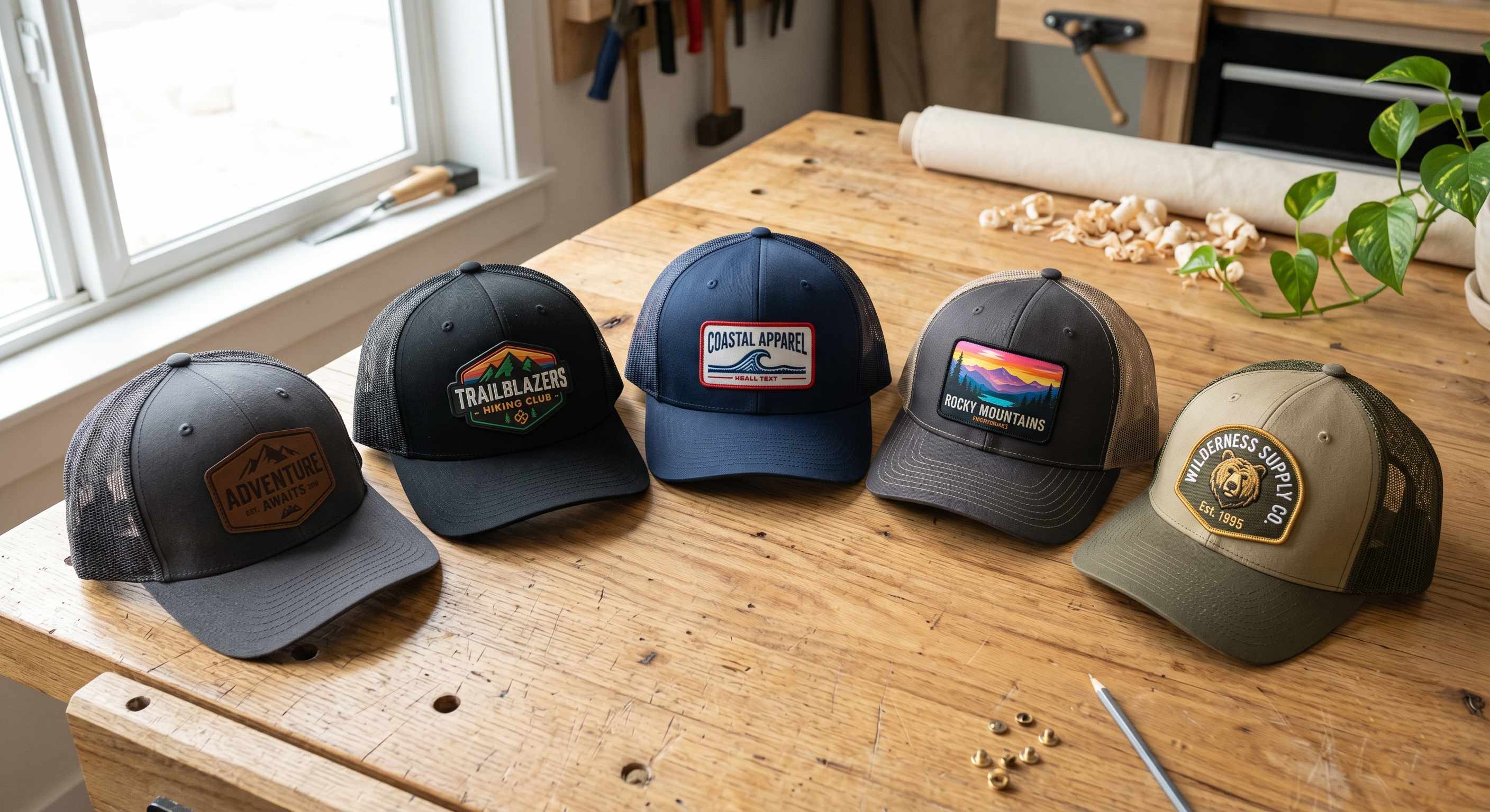 Selection of five custom hats showcasing different patch materials on a wooden surface