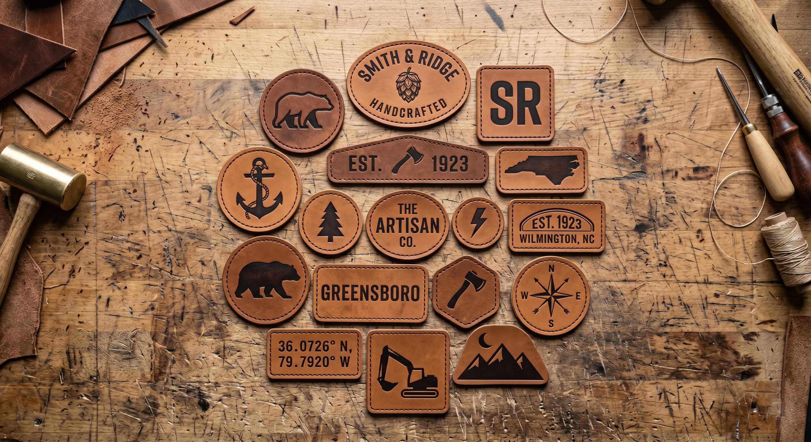 A collection of fifteen custom debossed and laser engraved leather patches on a workbench