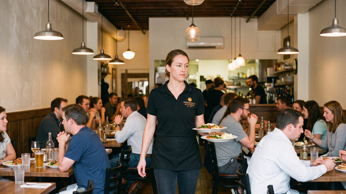 Server in a black polo with an embroidered MARIGOLD KITCHEN logo carrying two plates through a busy casual restaurant