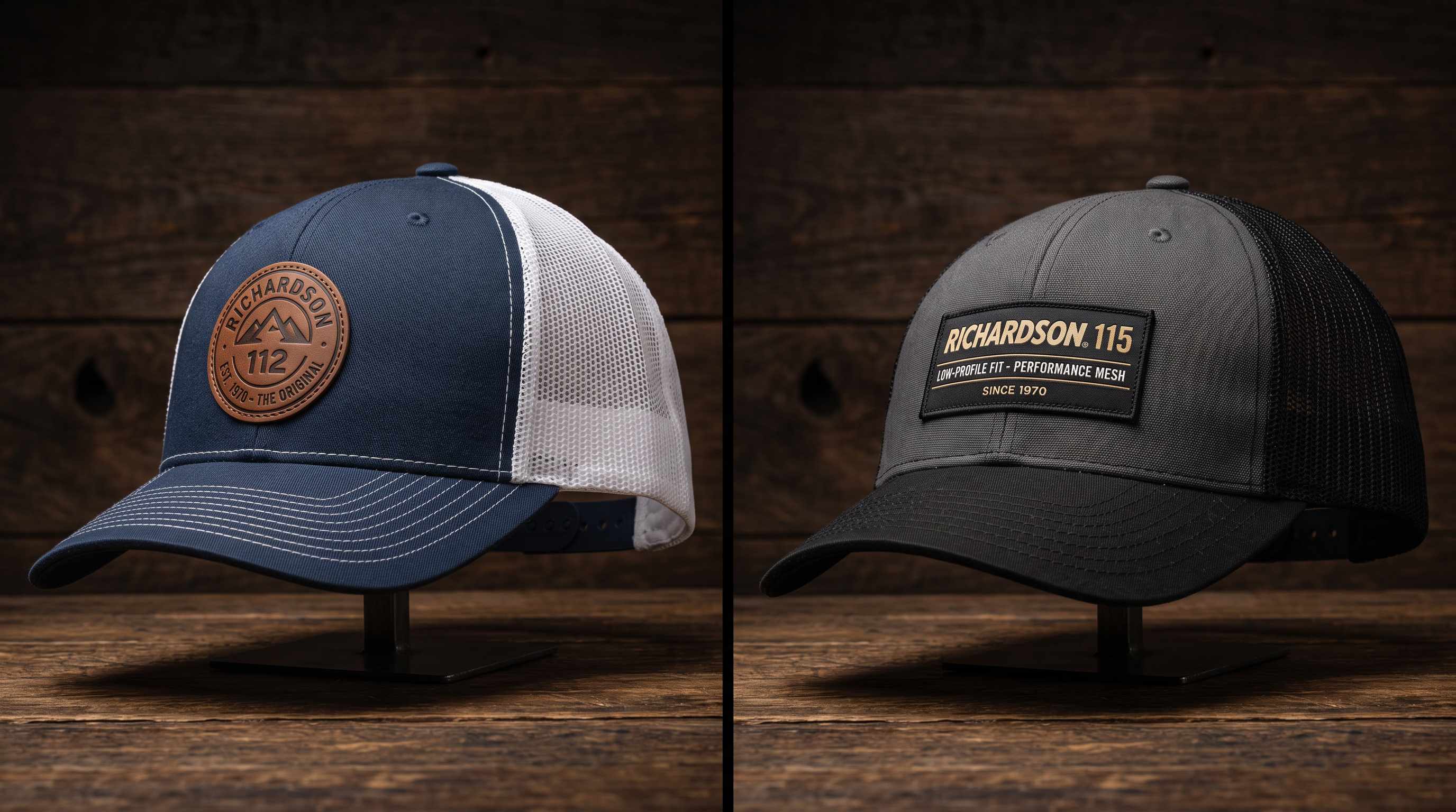 Richardson 112 and 115 trucker caps side by side, the mid profile 112 in navy and the lower-crowned 115 in charcoal