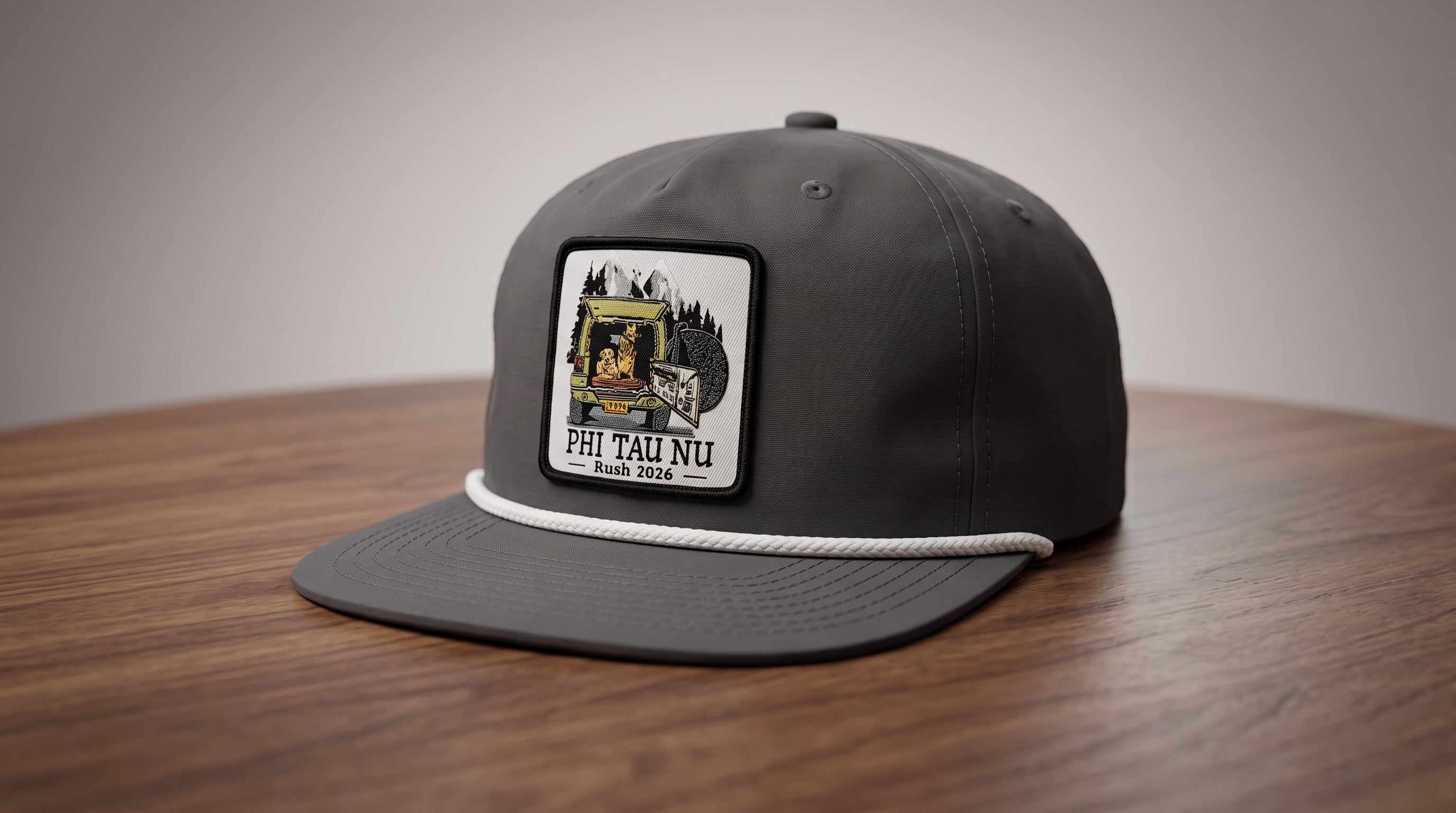 Charcoal Richardson 256 rope cap with a square woven patch on a wooden table
