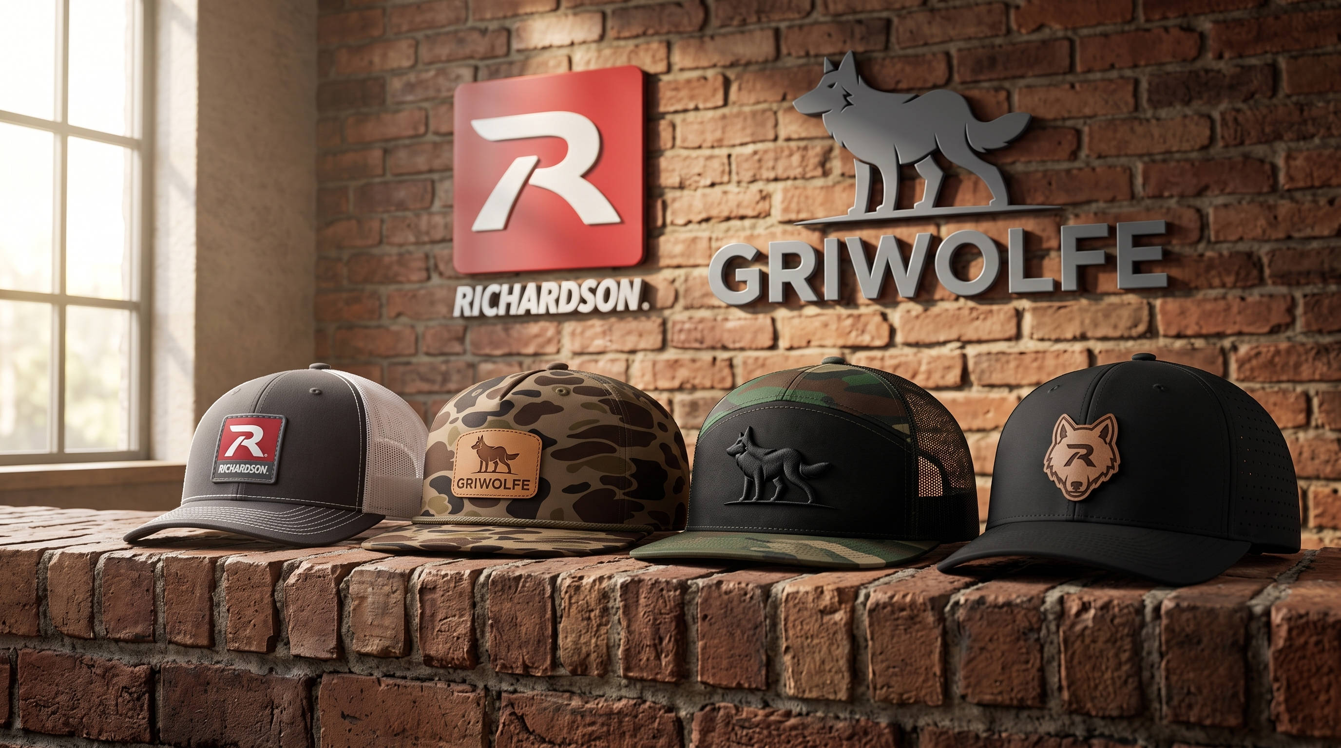 Four custom Richardson caps with leather patches and embroidery on a brick ledge under Richardson and Griwolfe signs
