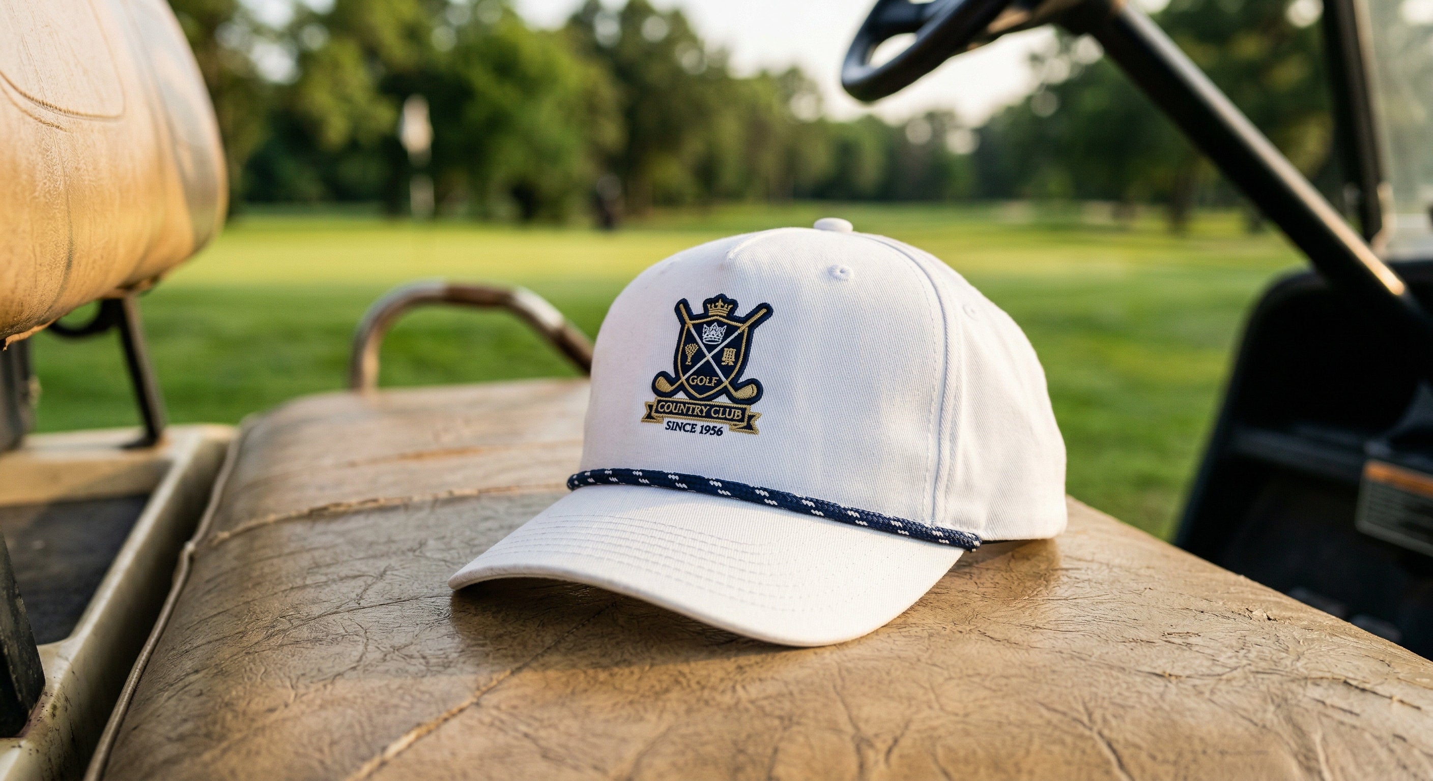 A white rope golf hat with a navy cord resting on a vintage leather golf cart seat at sunrise.