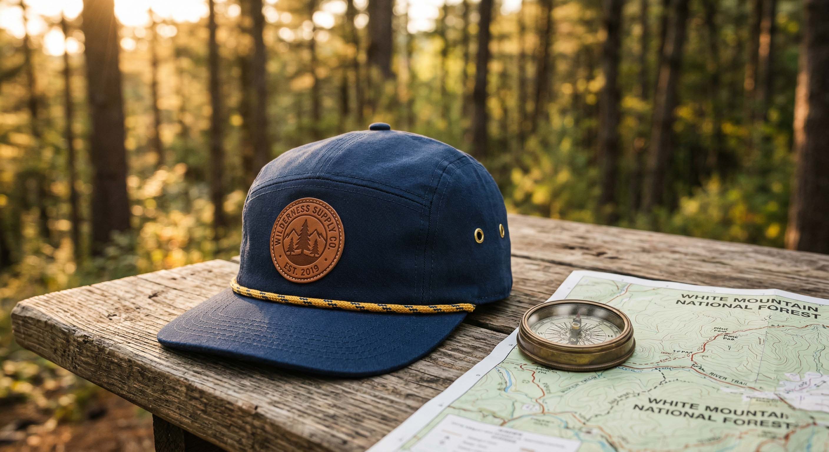 A premium navy blue 5-panel rope hat with a circular leather patch and braided cord sitting on a wooden table in golden hour sunlight.