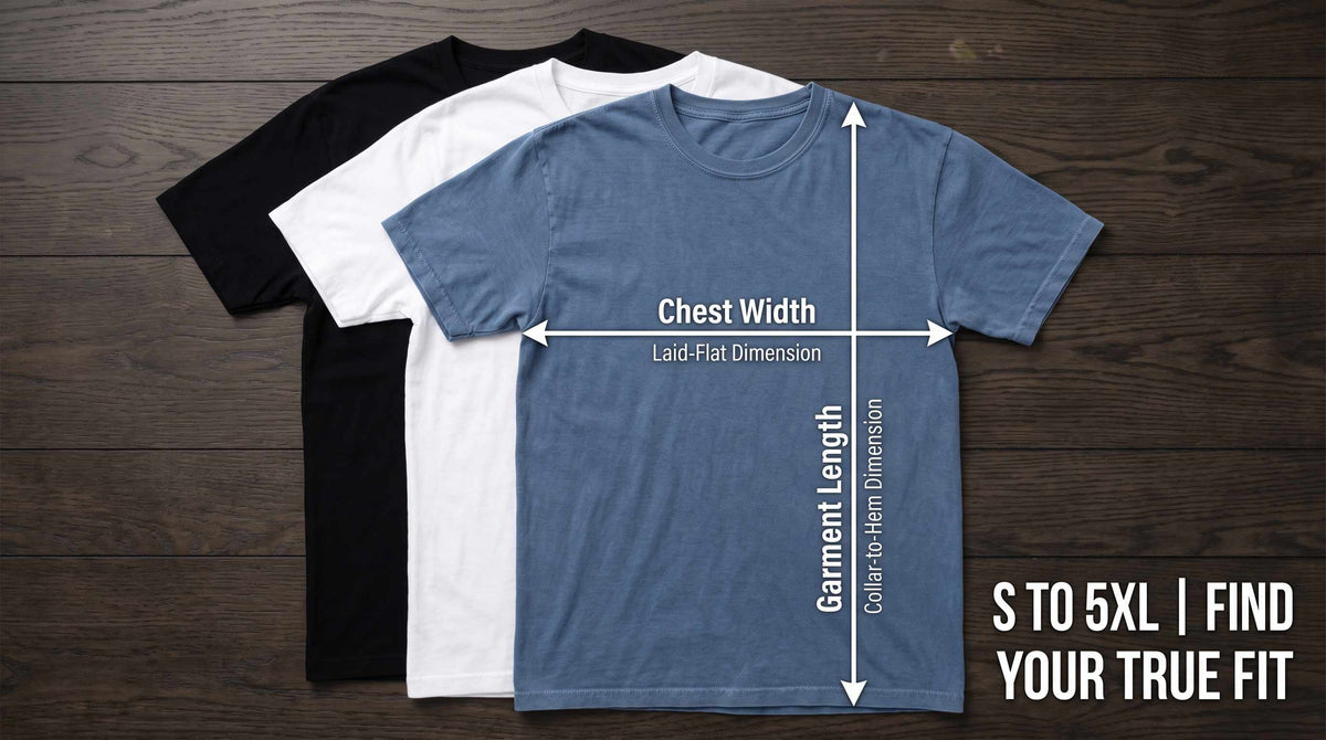 Three t-shirts laid flat with chest width and garment length measurements marked