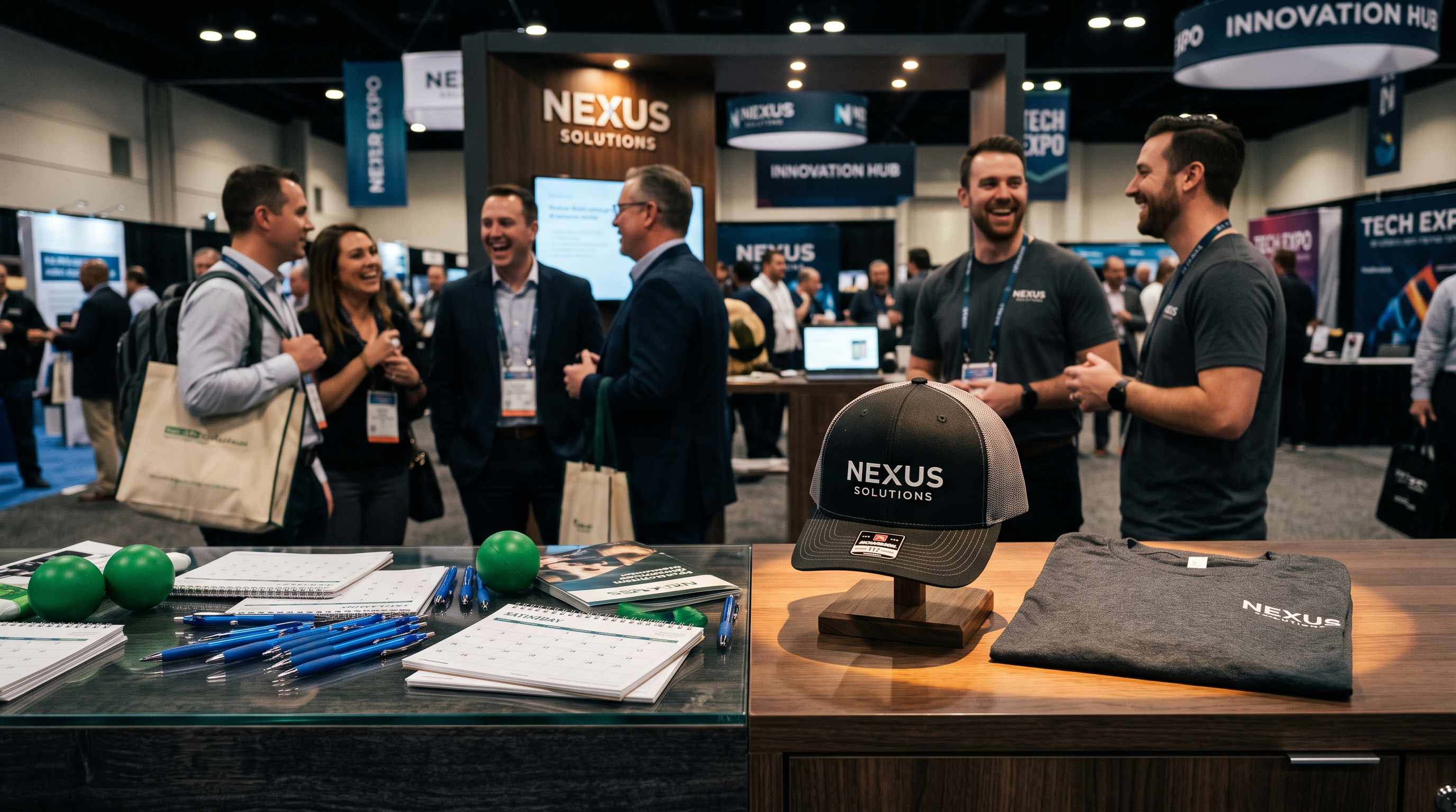 Trade show giveaways side by side: pens, calendars, and stress balls beside a logo trucker hat and folded tee at a booth