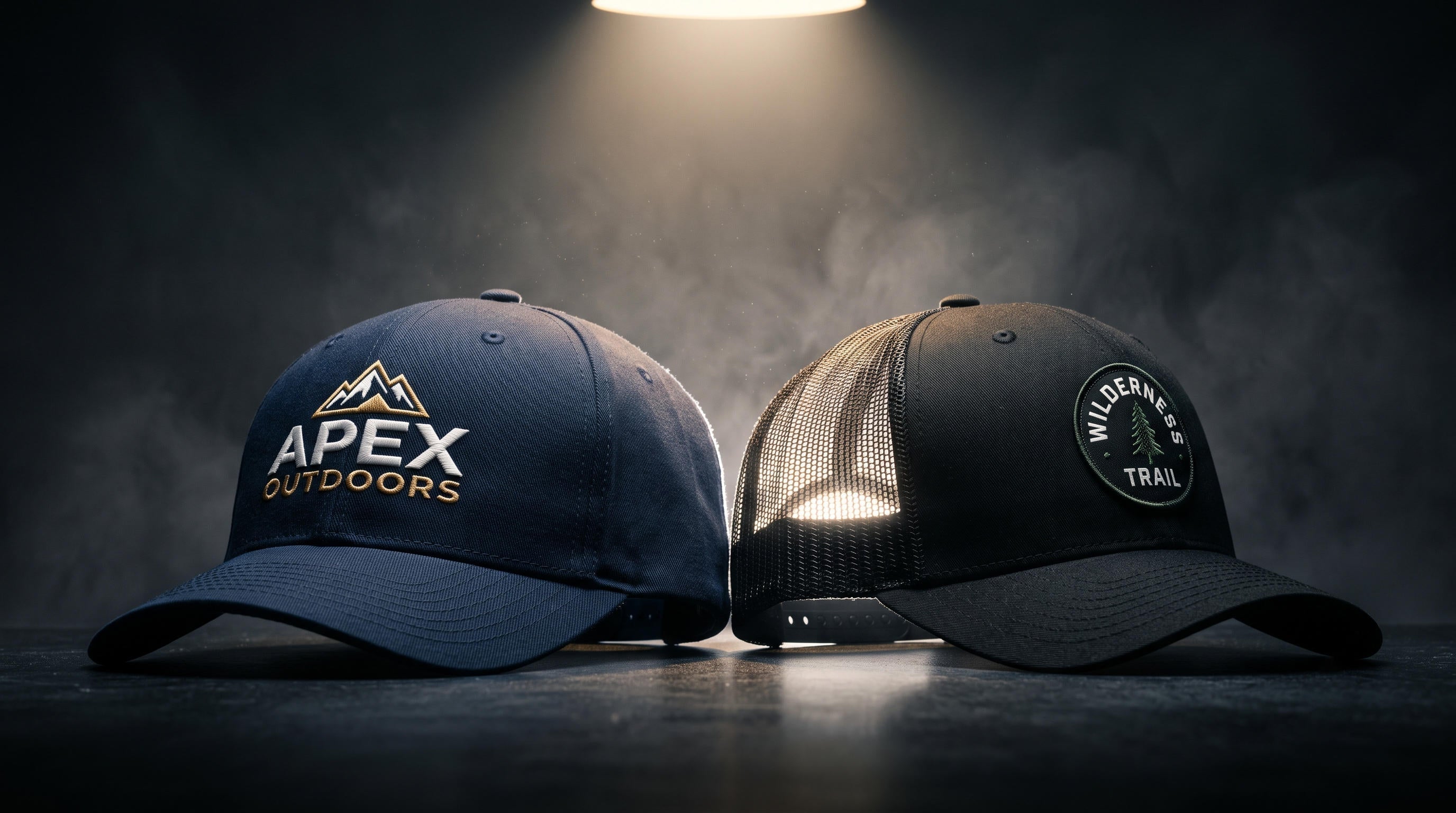 Navy embroidered baseball cap beside a black mesh-back trucker hat with a woven front patch