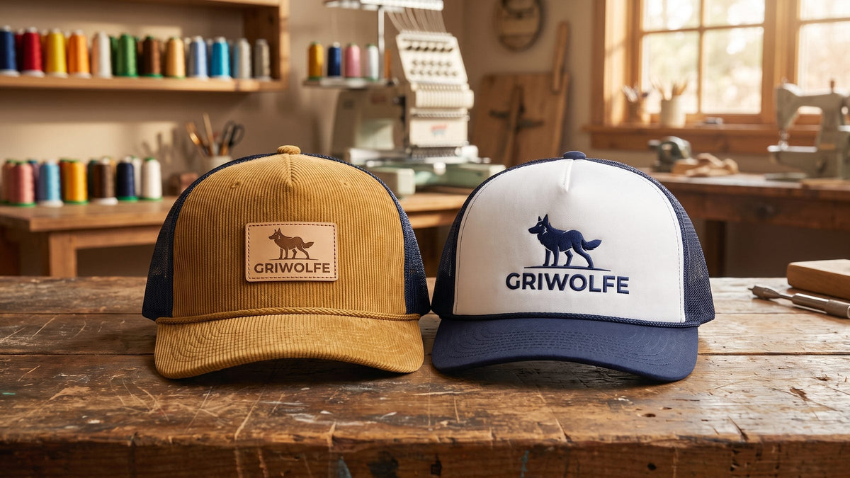 Corduroy and foam-front trucker hats with a Griwolfe leather patch and embroidered logo on a workshop bench