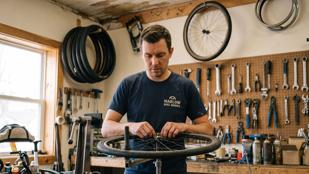 Bike mechanic in a navy tee with a MARLOW BIKE WORKS left chest logo, truing a wheel in the shop
