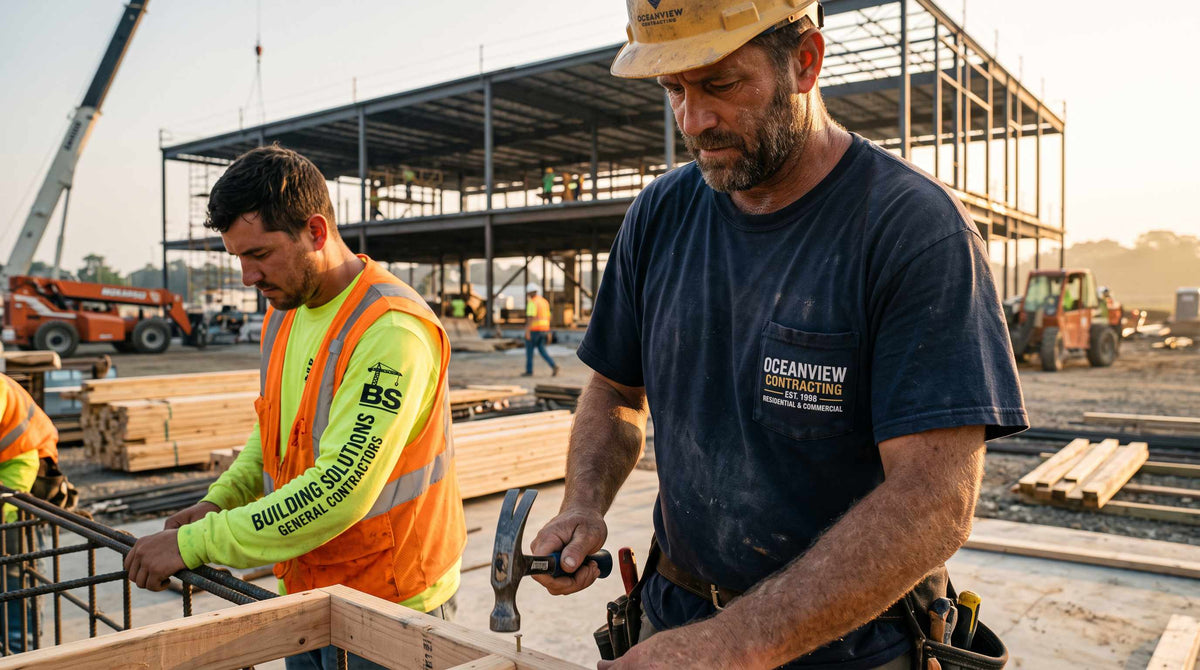 Construction crew in custom work shirts: a navy pocket tee with a chest logo and a safety green long sleeve under a vest