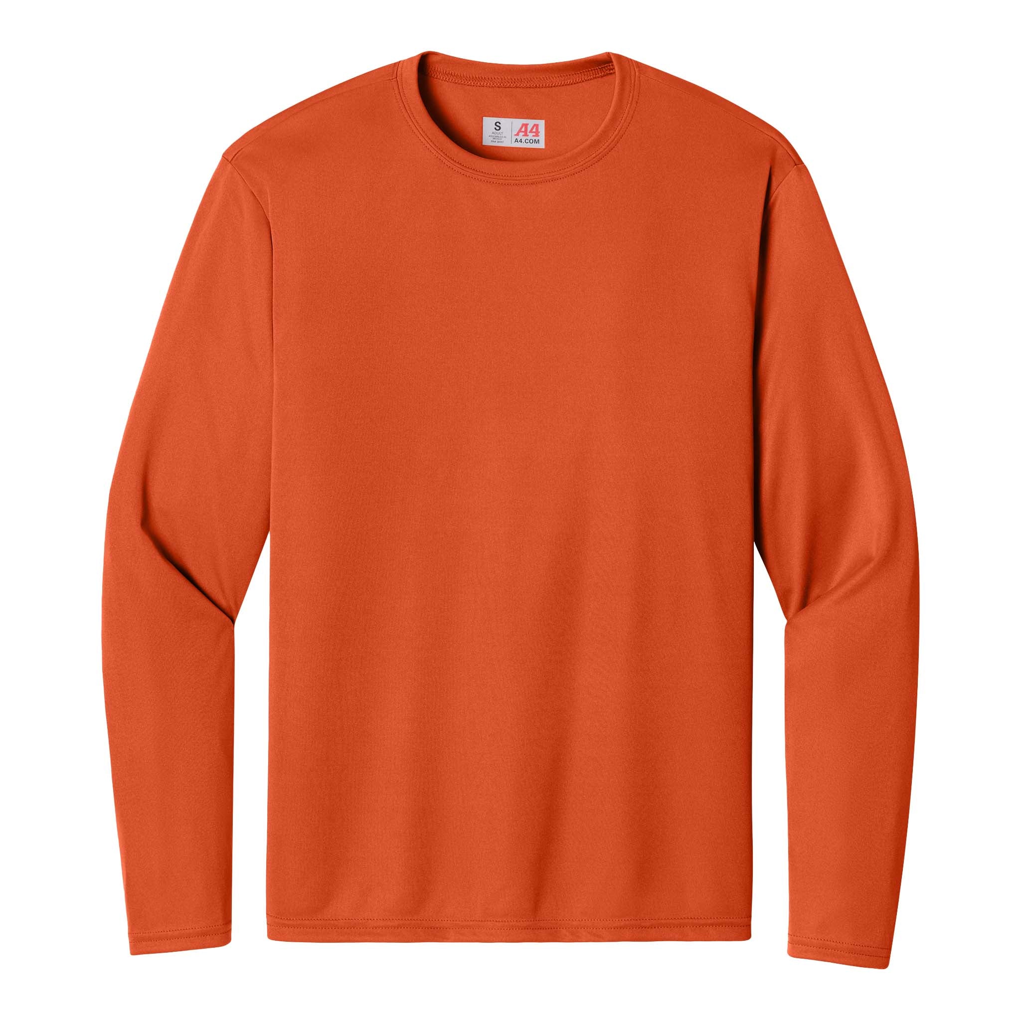 A4 N3165 custom long sleeve t-shirt in athletic orange, front view