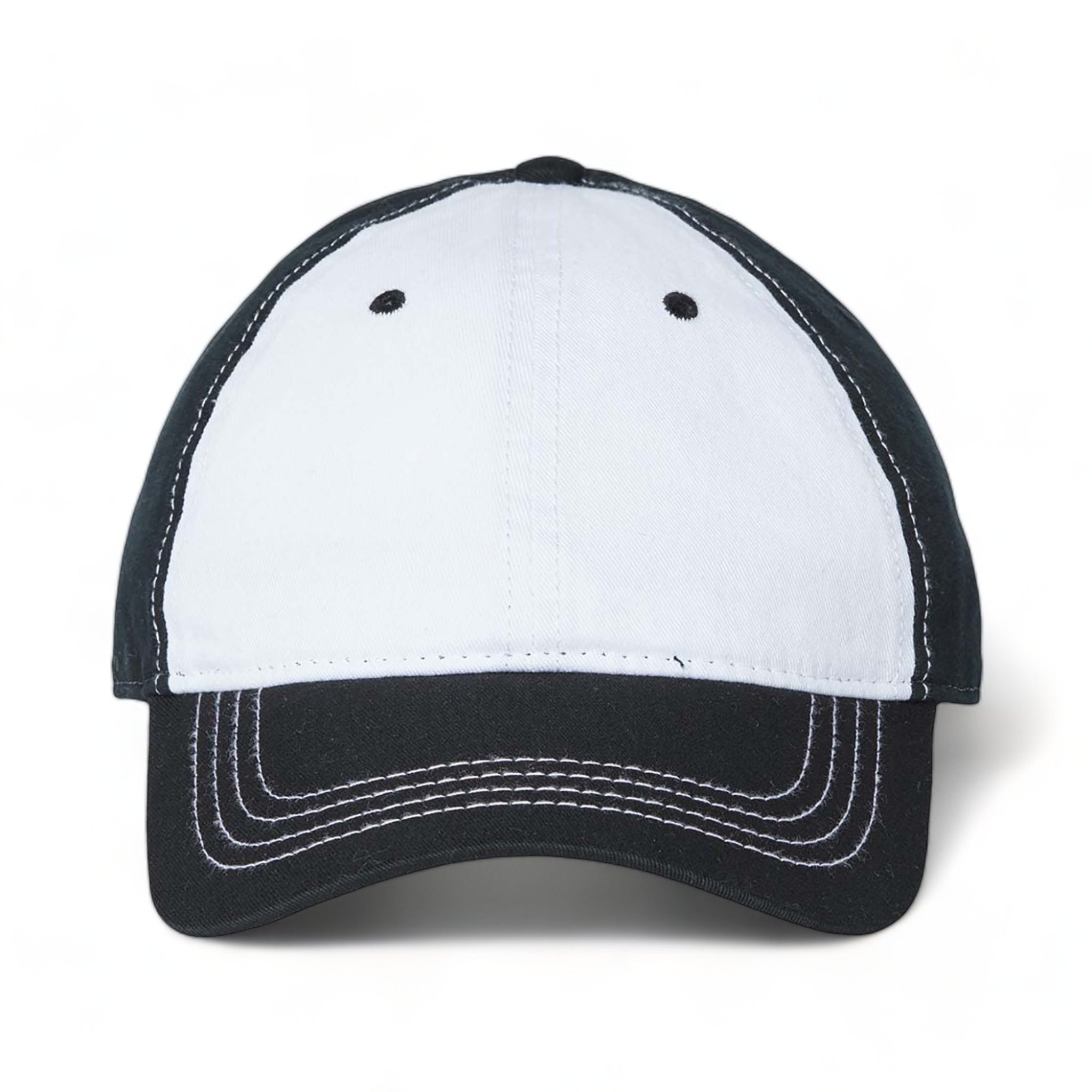 Front view of CAP AMERICA i1002 custom hat in white and black
