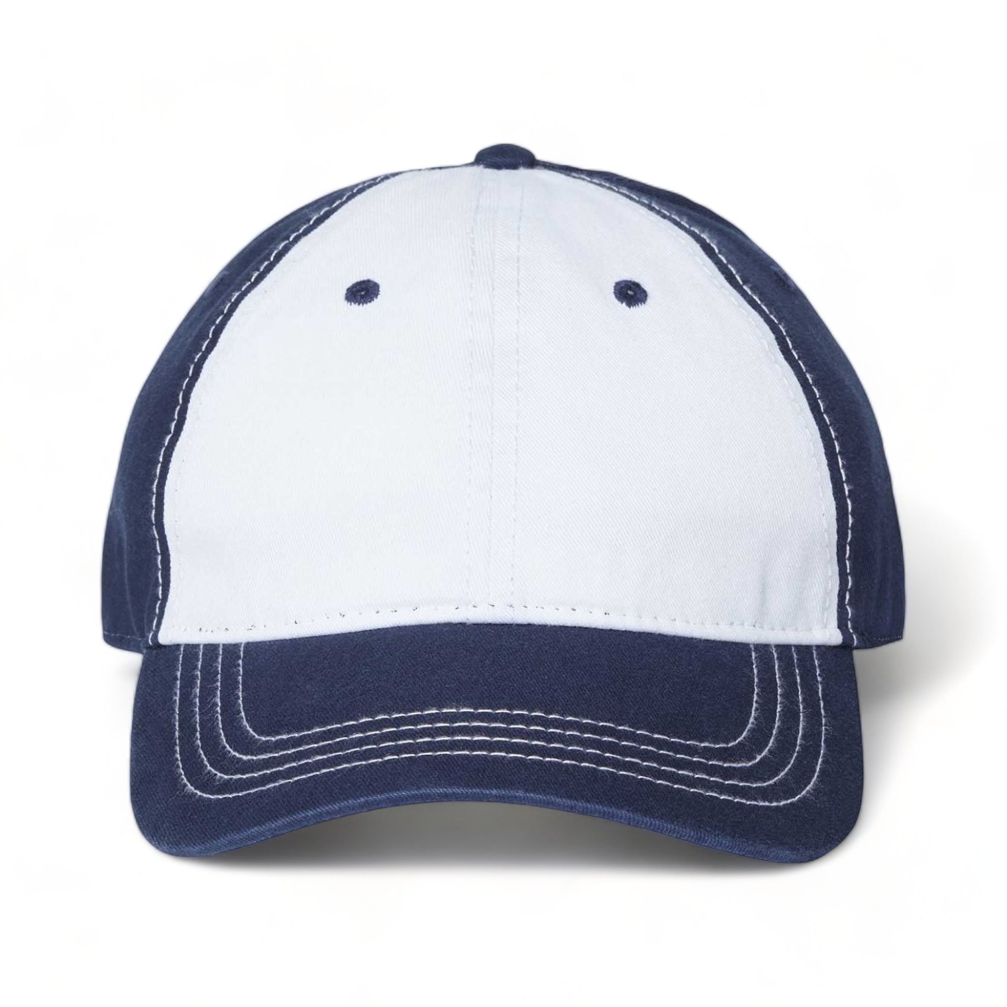 Front view of CAP AMERICA i1002 custom hat in white and light navy