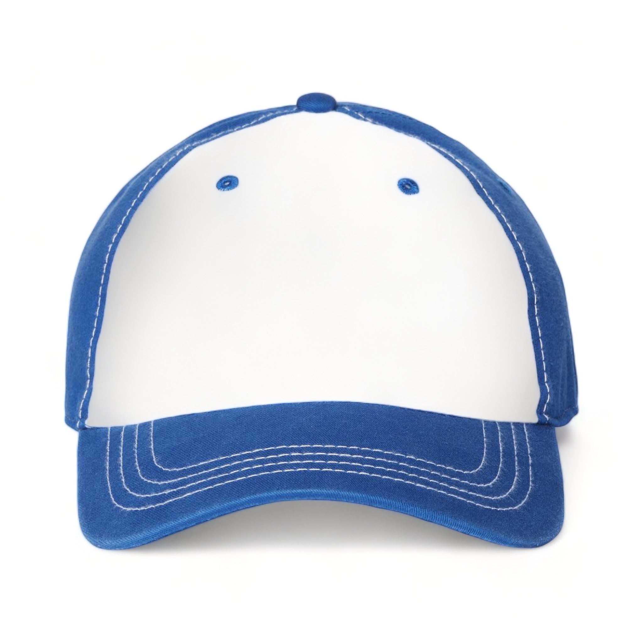 Front view of CAP AMERICA i1002 custom hat in white and royal