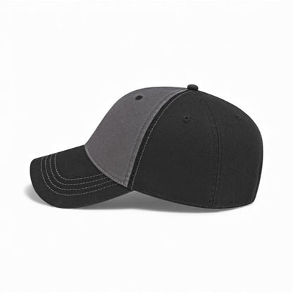 Left side view of Cap America i1002 custom hat in dark grey and black