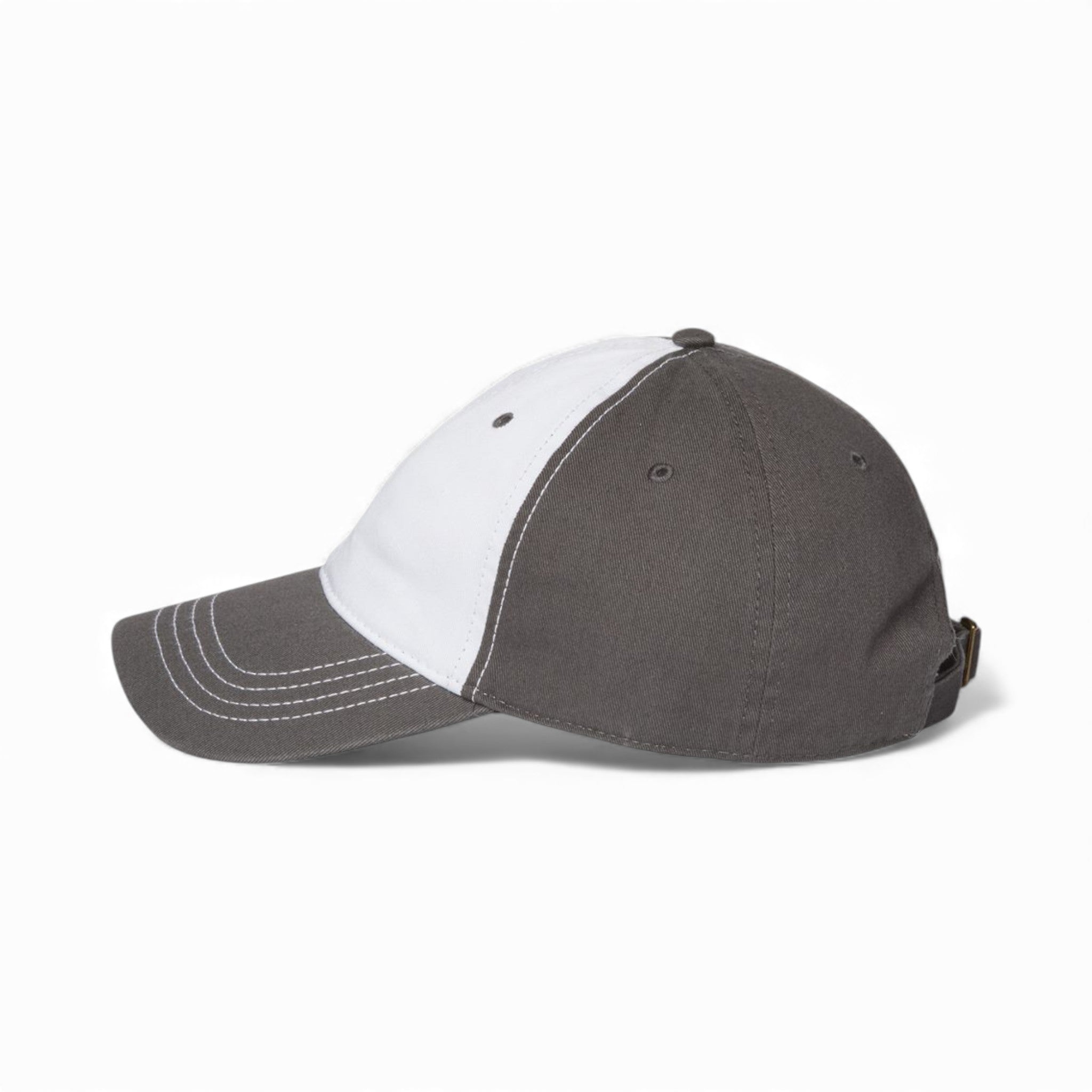 Left side view of Cap America i1002 custom hat in white and dark grey