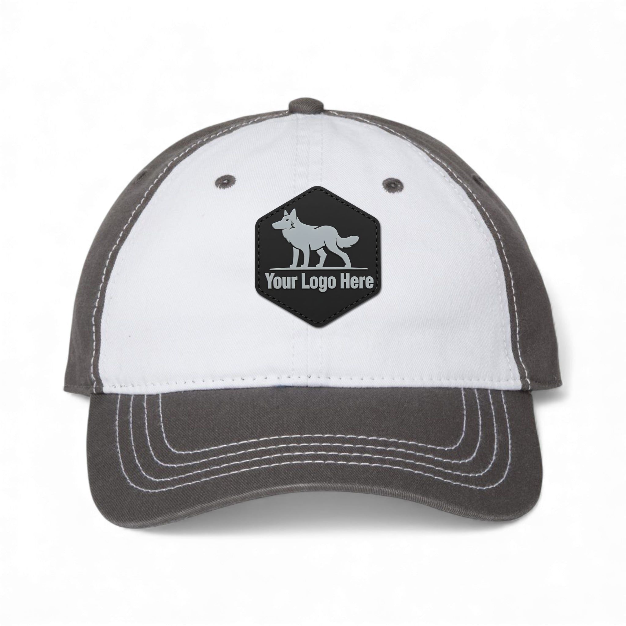 PVC patch preview of Cap America i1002 custom hat in white and dark grey