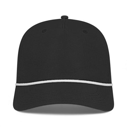 Front view of Cap America i7256 custom hat in black and white