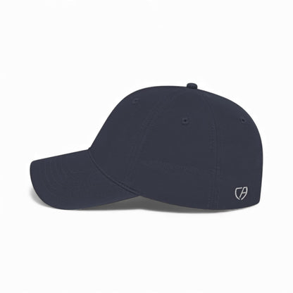 Left side view of Cap America i8522 custom hat in navy