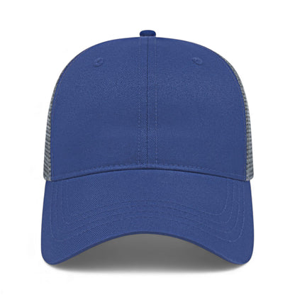 Front view of Cap America x800 custom hat in royal and charcoal