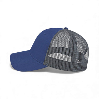 Left side view of Cap America x800 custom hat in royal and charcoal