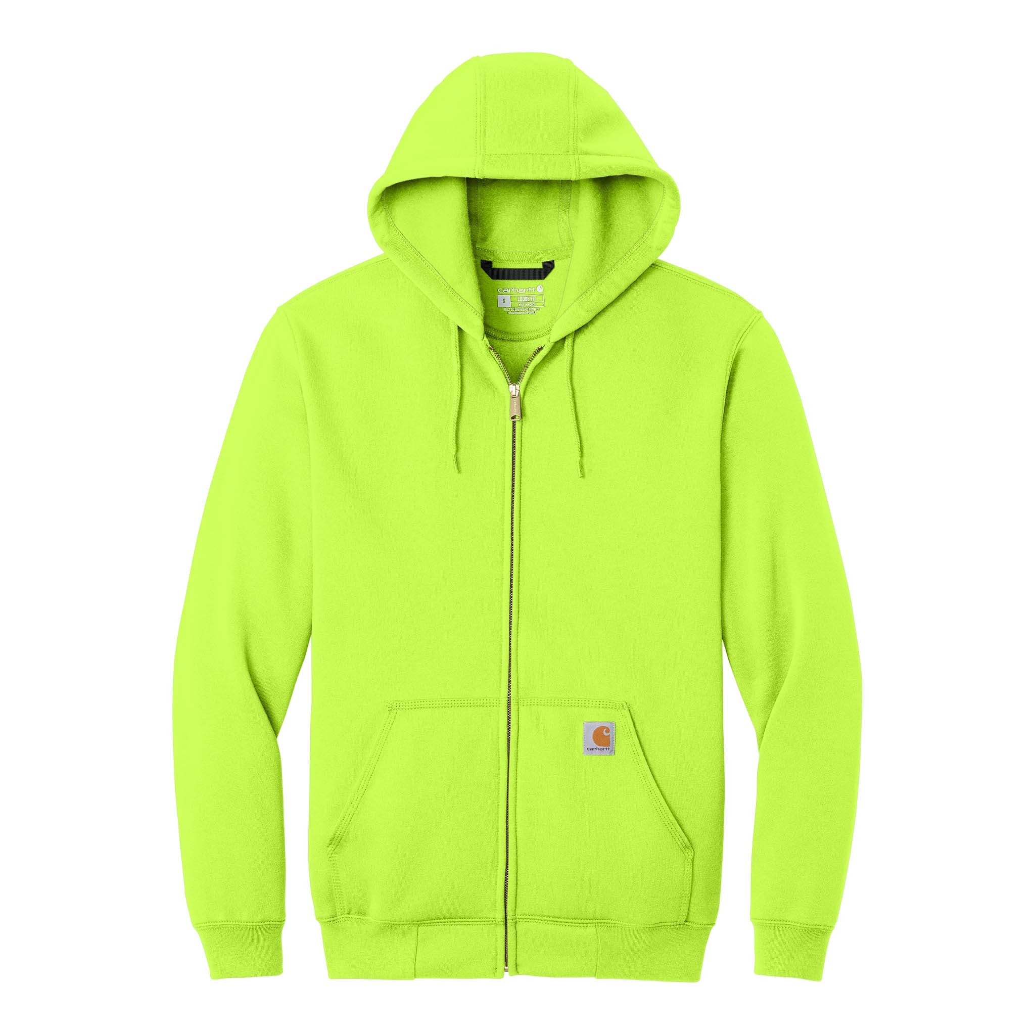 Carhartt CTK122 custom full-zip hoodie in brite lime, front view