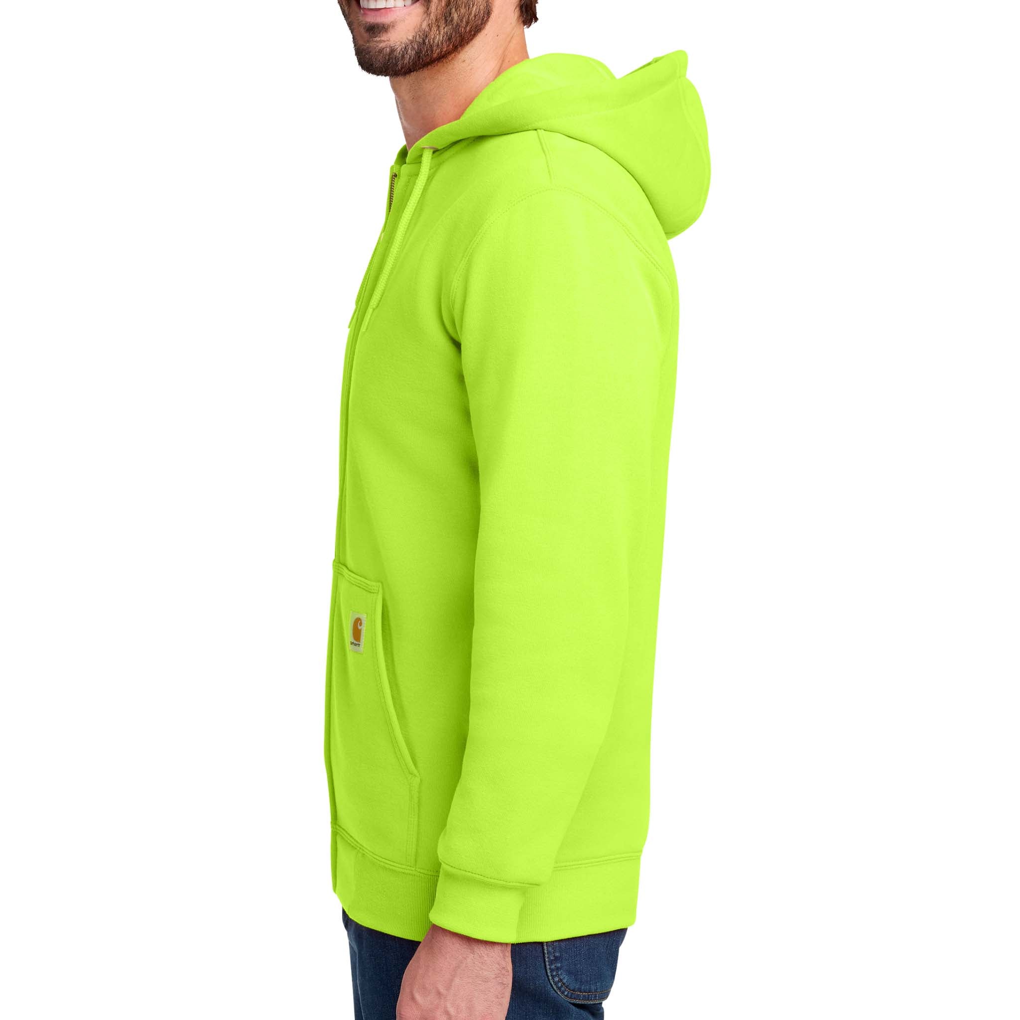 Carhartt CTK122 custom full-zip hoodie in brite lime, left side view