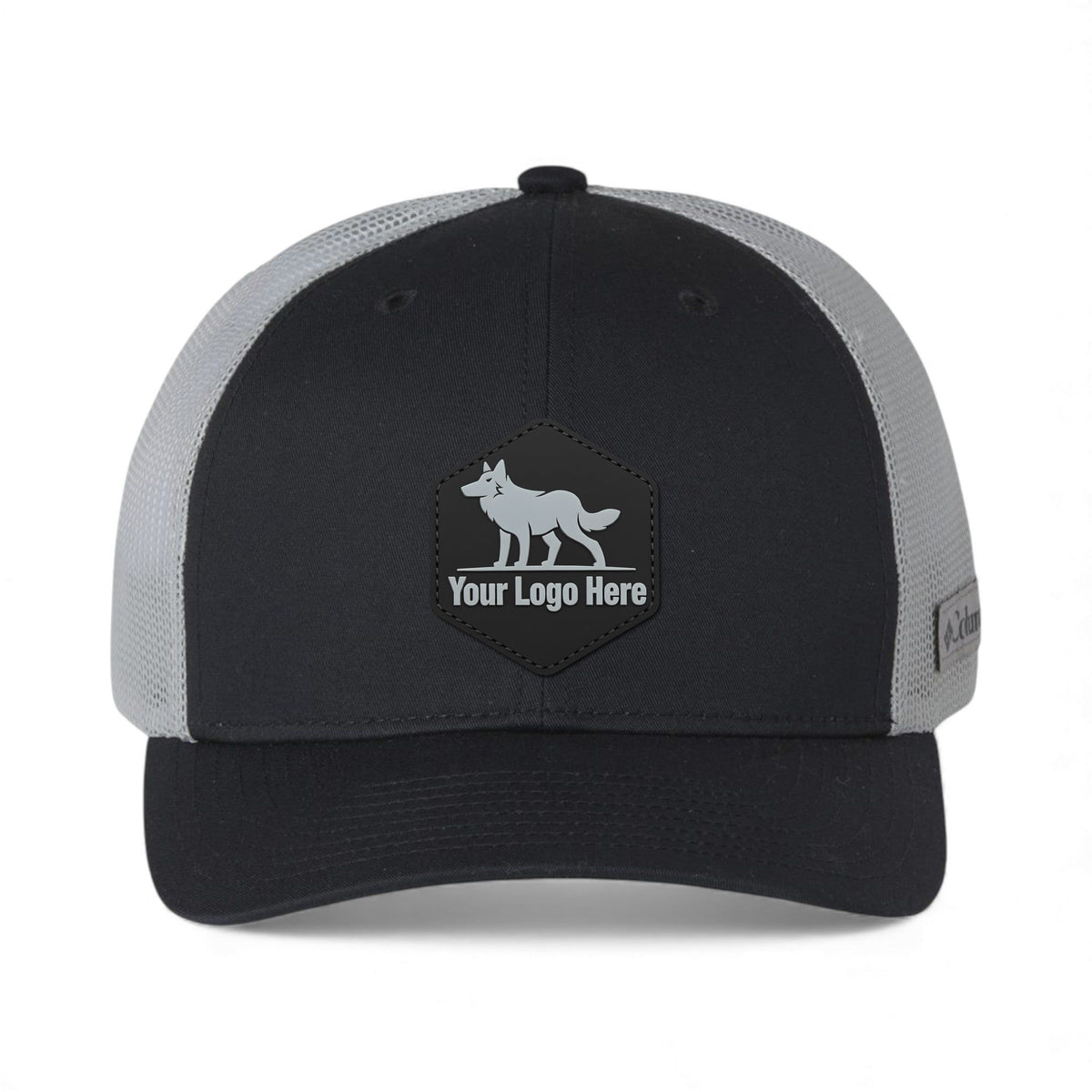 PVC patch preview of Columbia 216513 custom hat in black and cool grey
