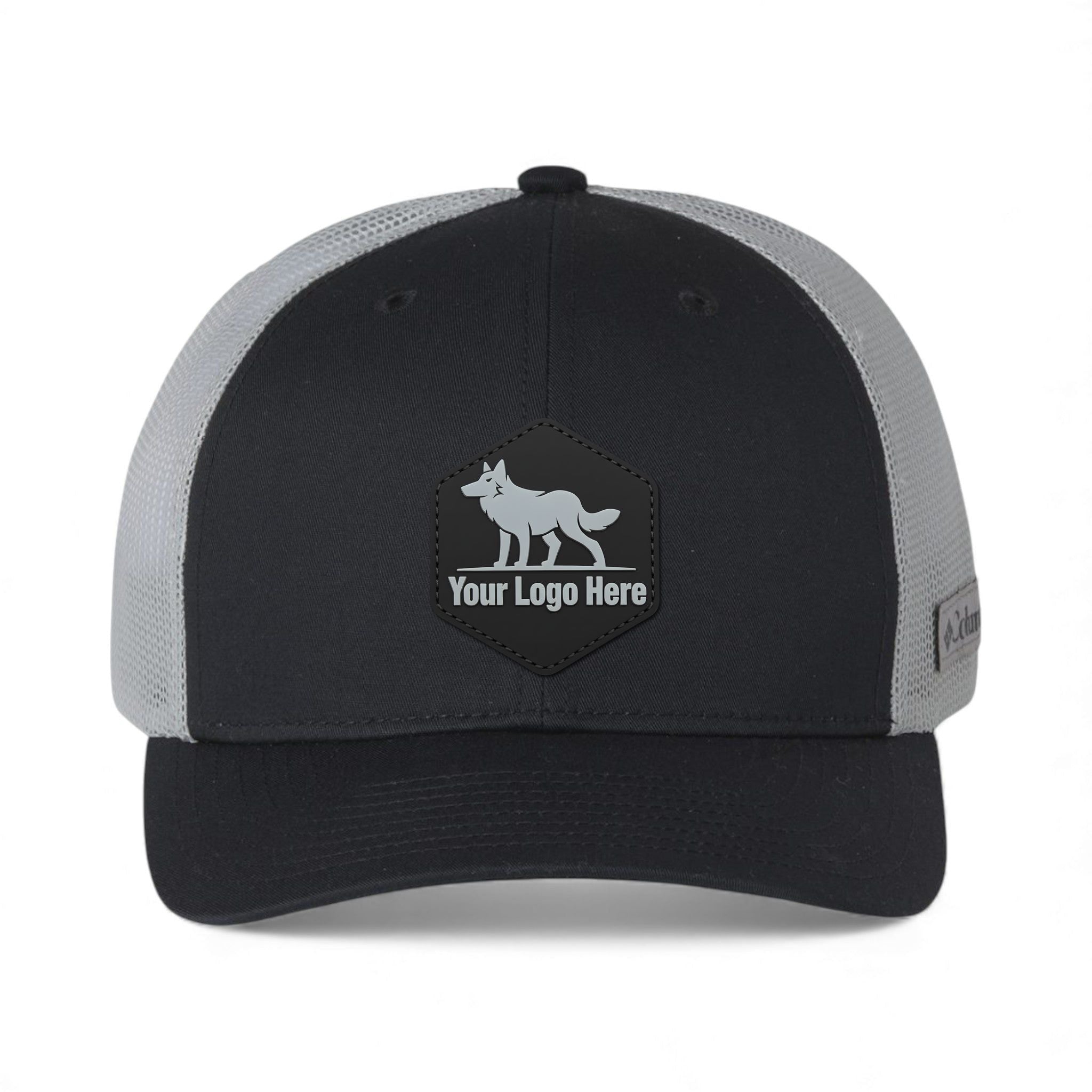 PVC patch preview of Columbia 216513 custom hat in black and cool grey