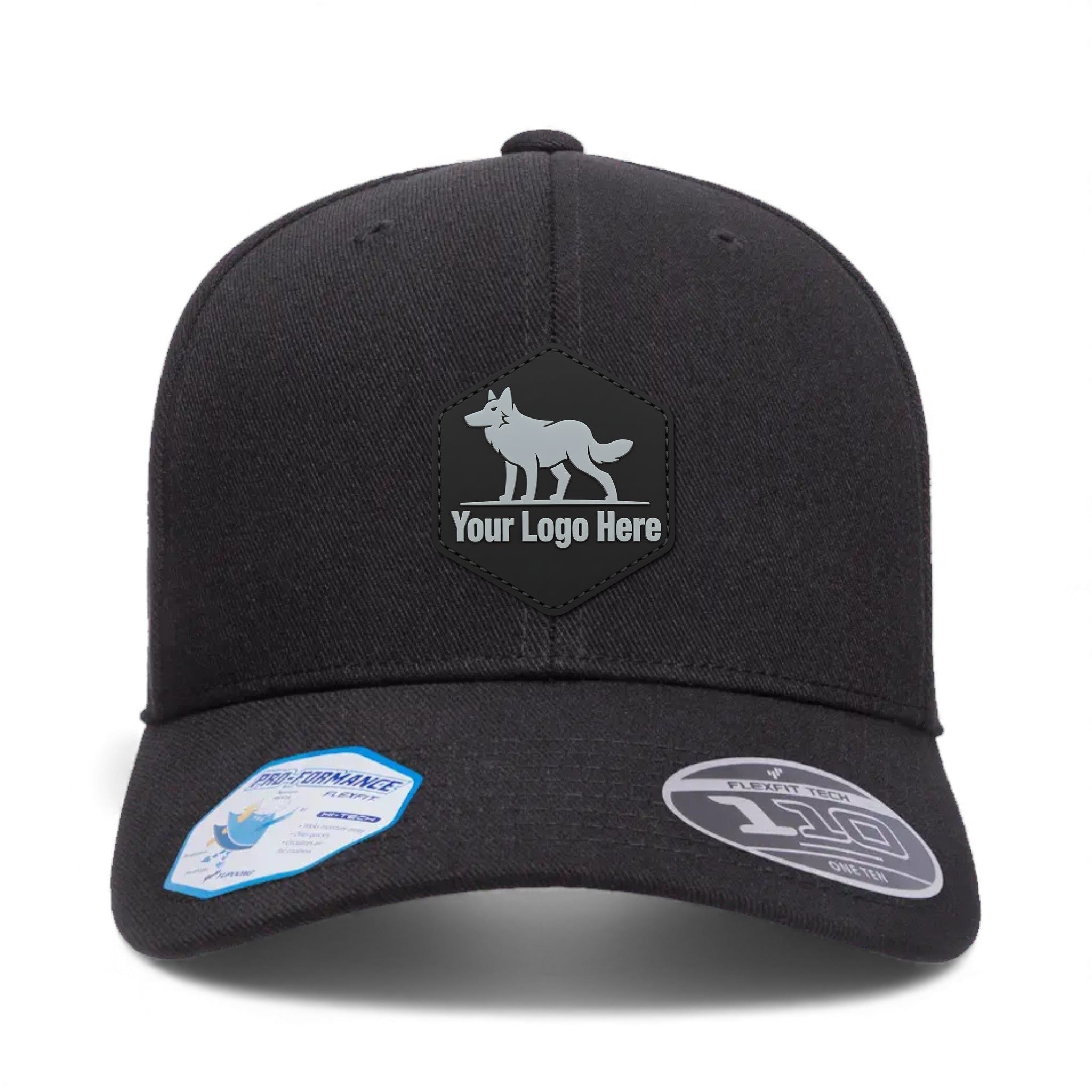 PVC patch preview of Flexfit 110C custom hat in black