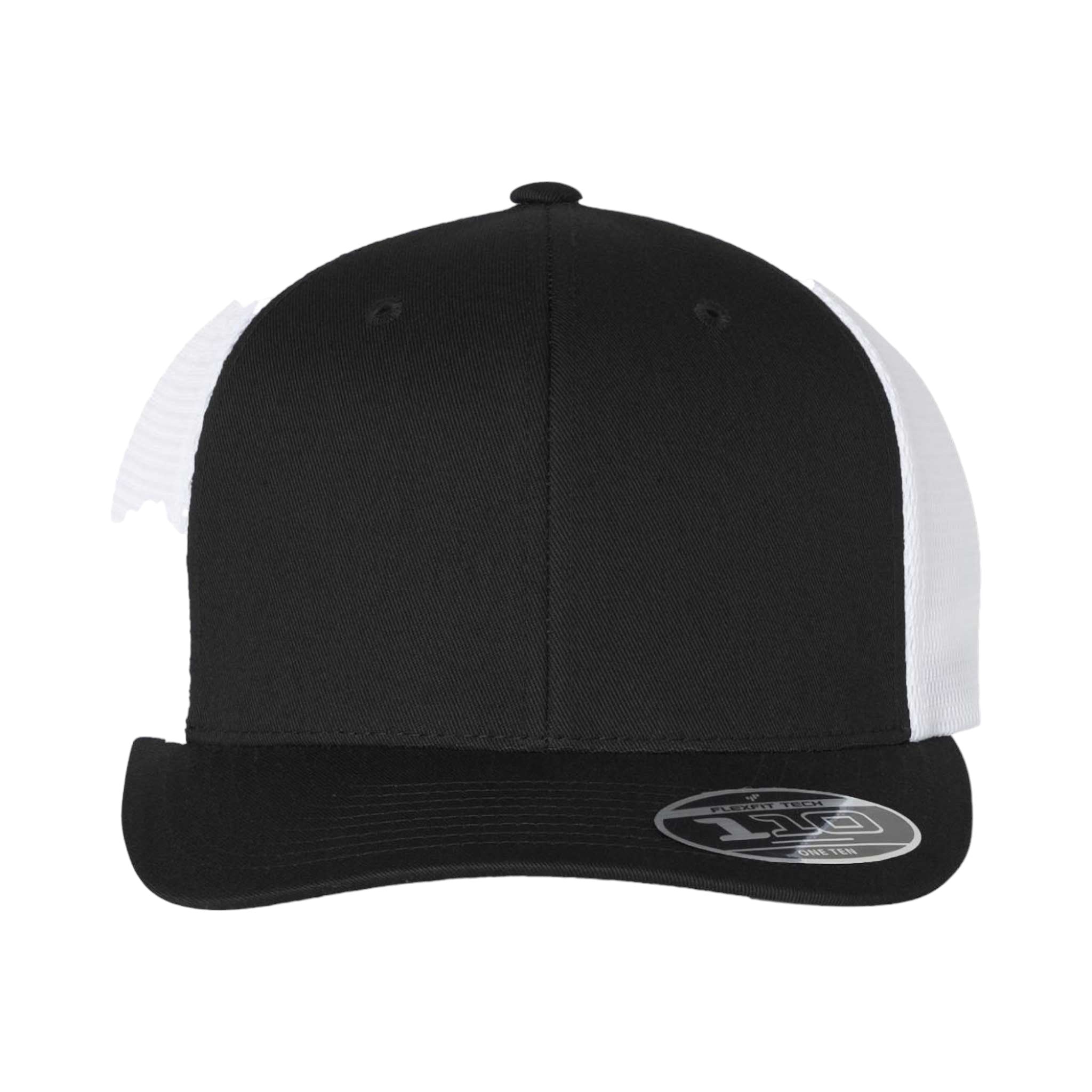 Front view of Flexfit 110M custom hat in black and white