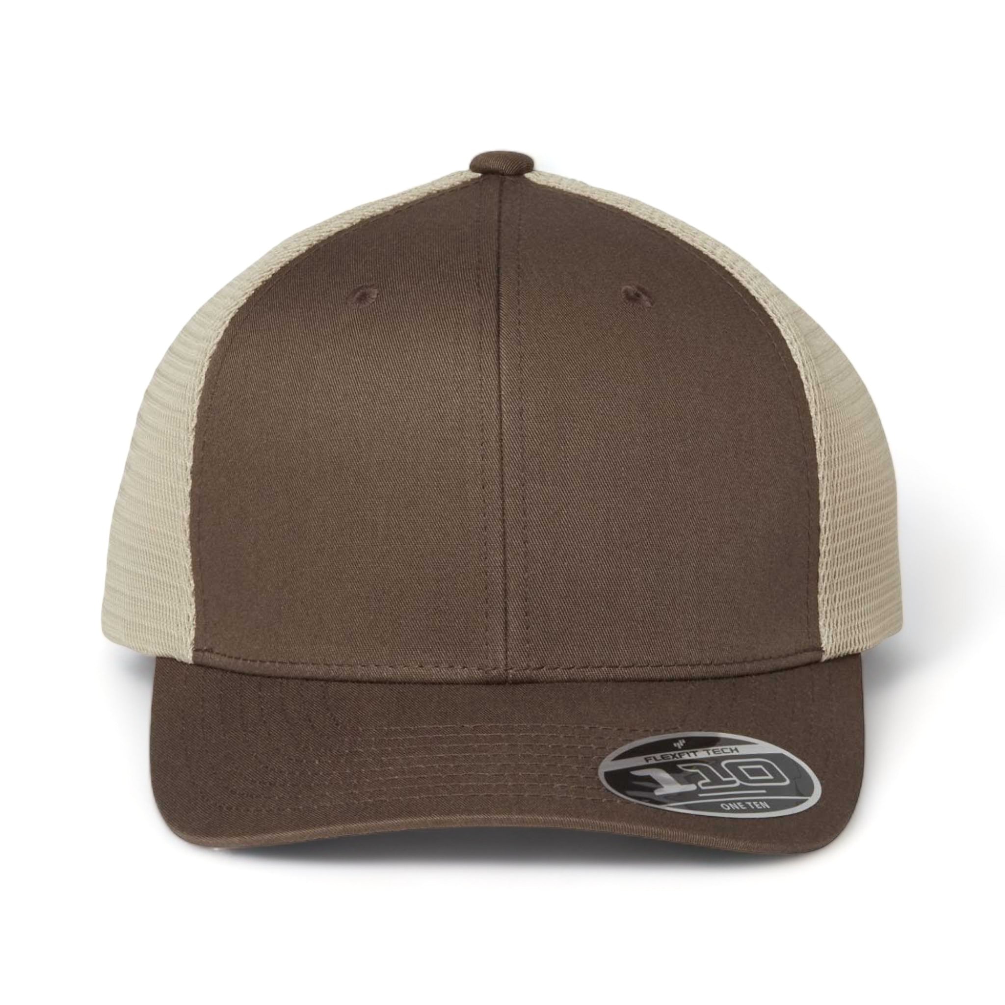 Front view of Flexfit 110M custom hat in brown and khaki