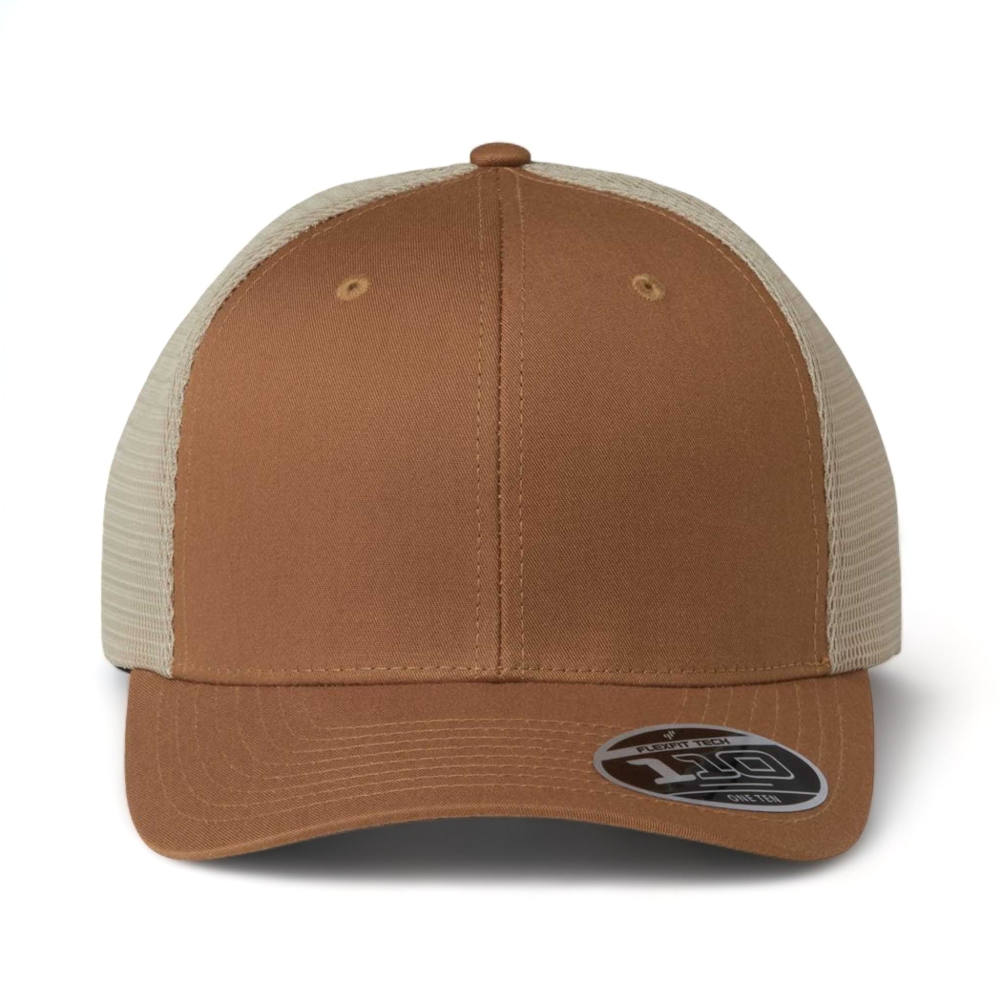 Front view of Flexfit 110M custom hat in caramel and khaki