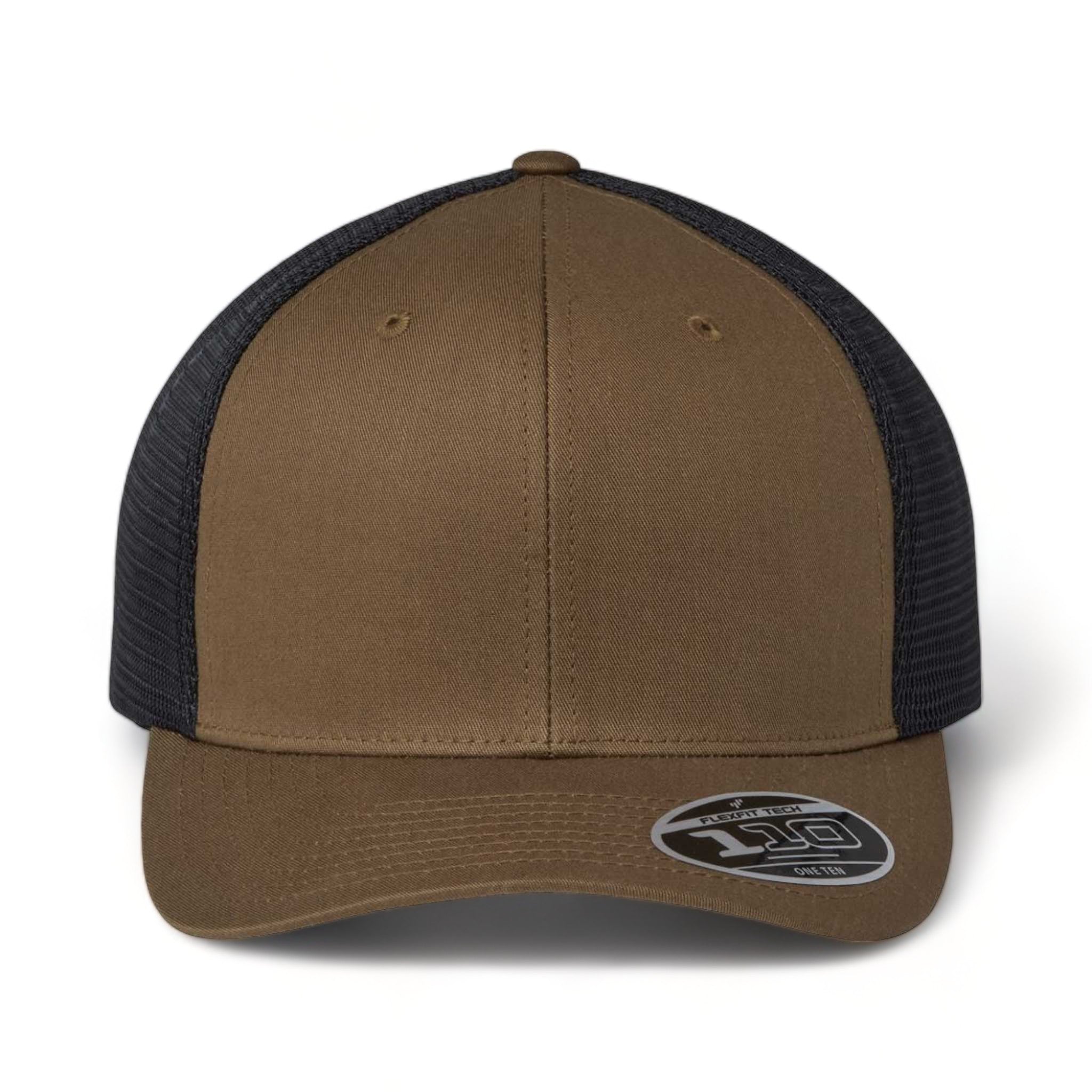 Front view of Flexfit 110M custom hat in coyote brown and black