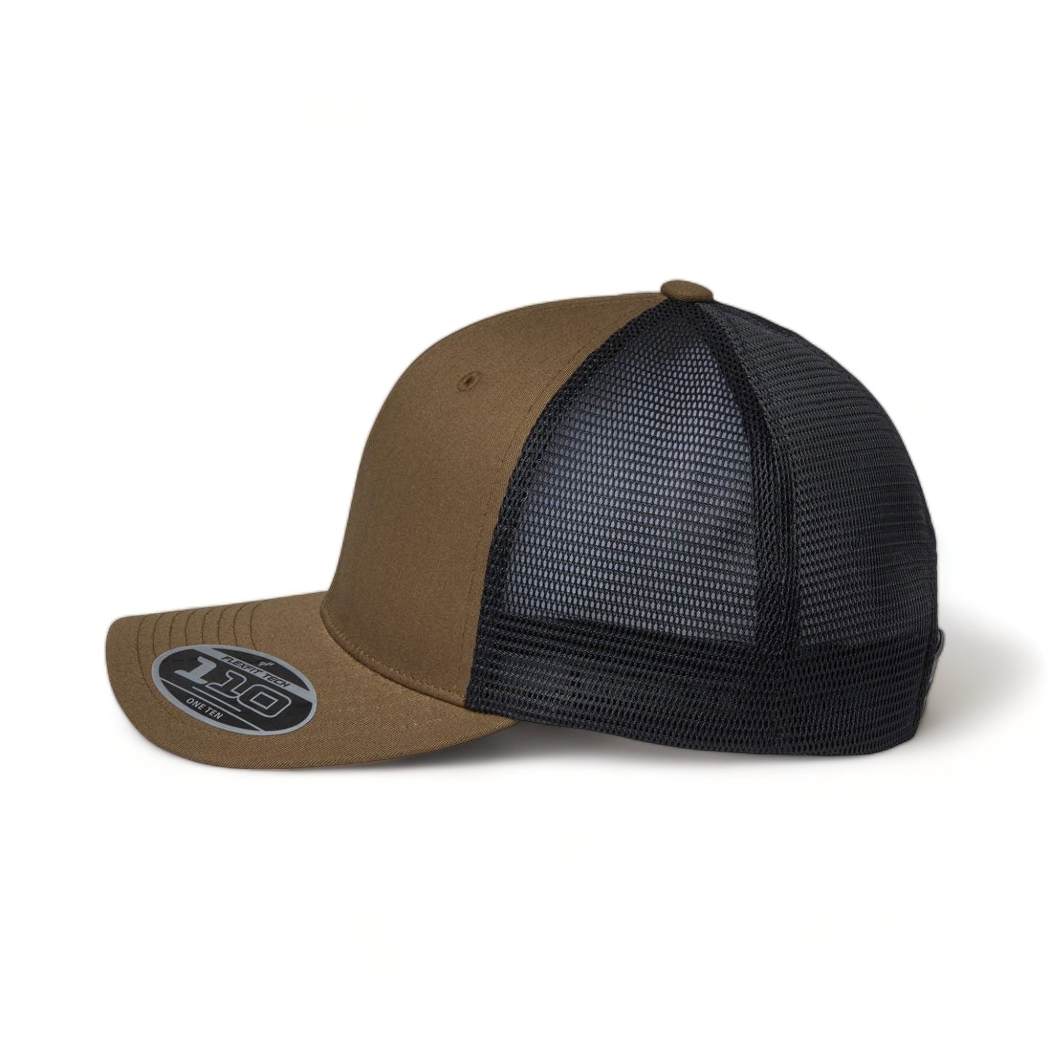 Side view of Flexfit 110M custom hat in coyote brown and black