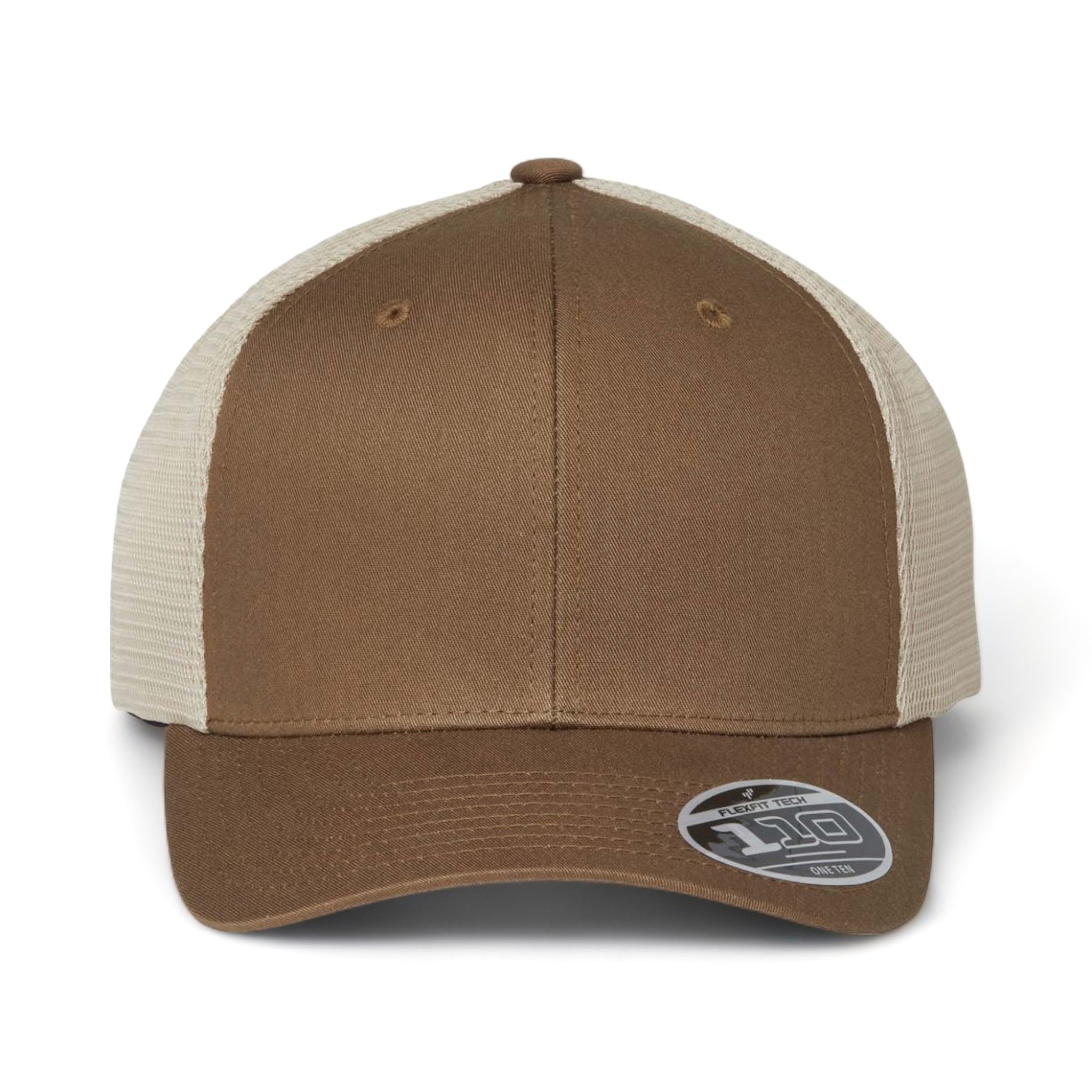 Front view of Flexfit 110M custom hat in coyote brown and khaki