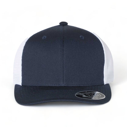 Front view of Flexfit 110M custom hat in navy and white