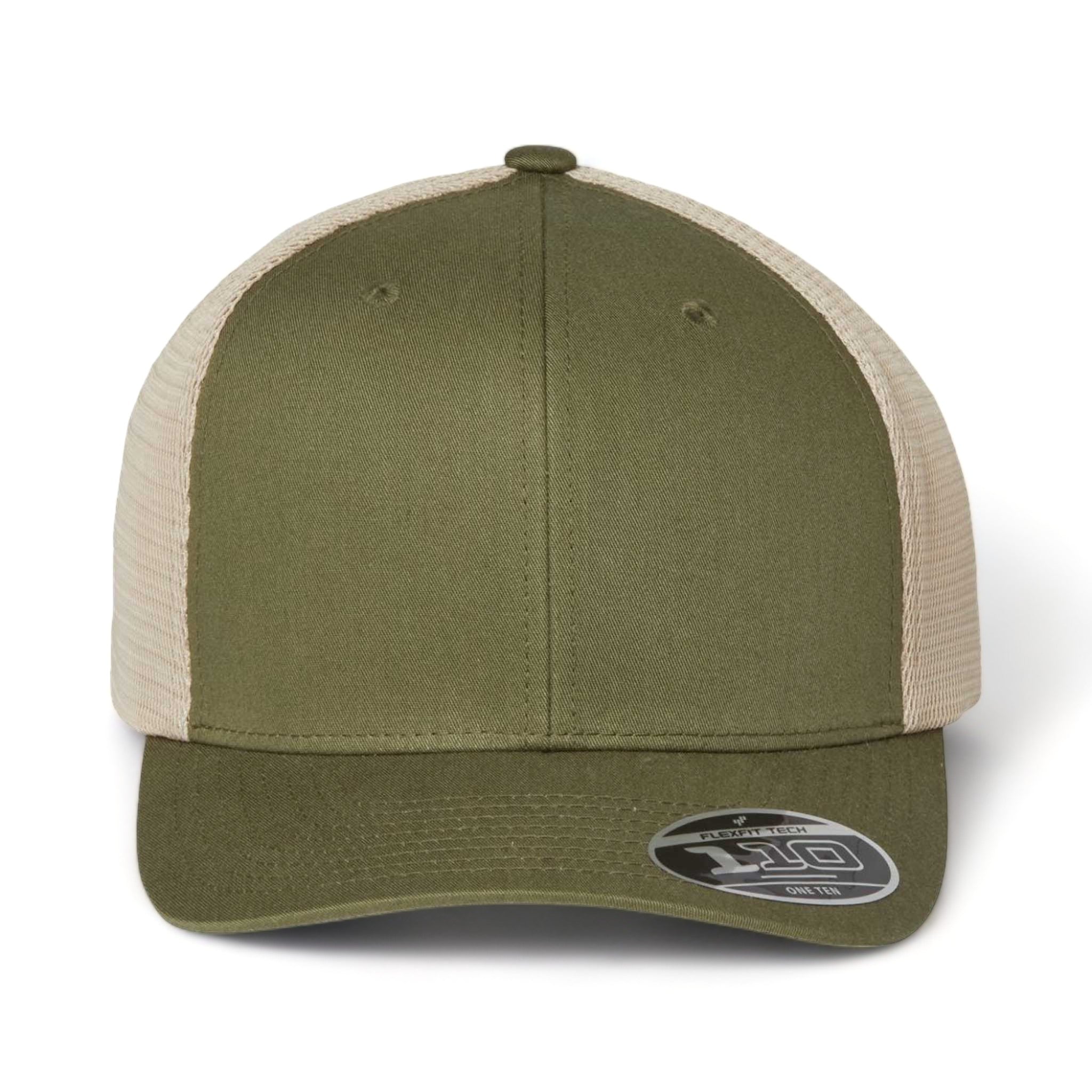 Front view of Flexfit 110M custom hat in olive and khaki