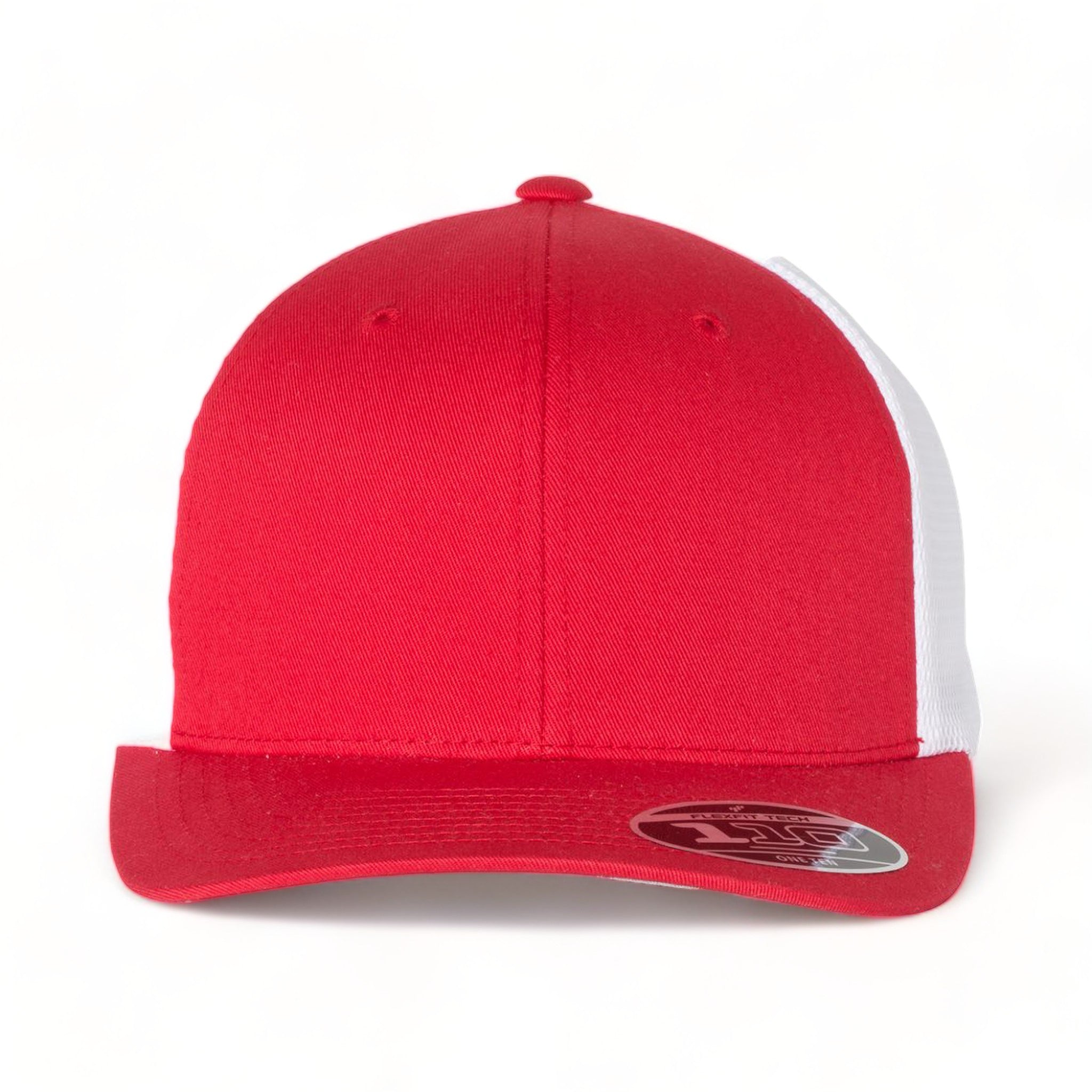 Front view of Flexfit 110M custom hat in red and white