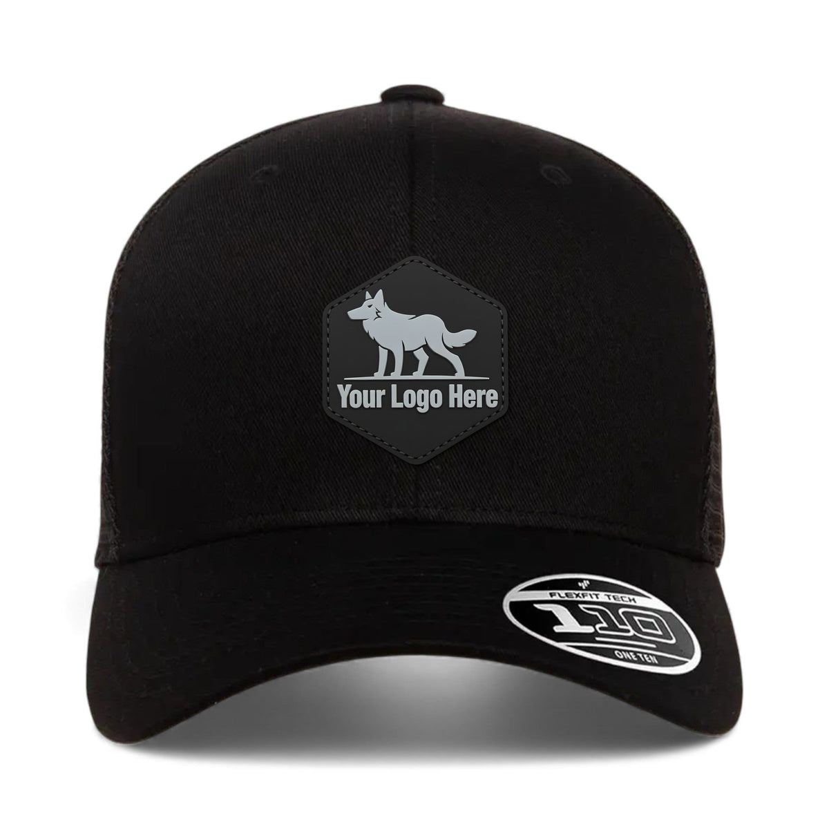 PVC patch preview of Flexfit 110M custom hat in black