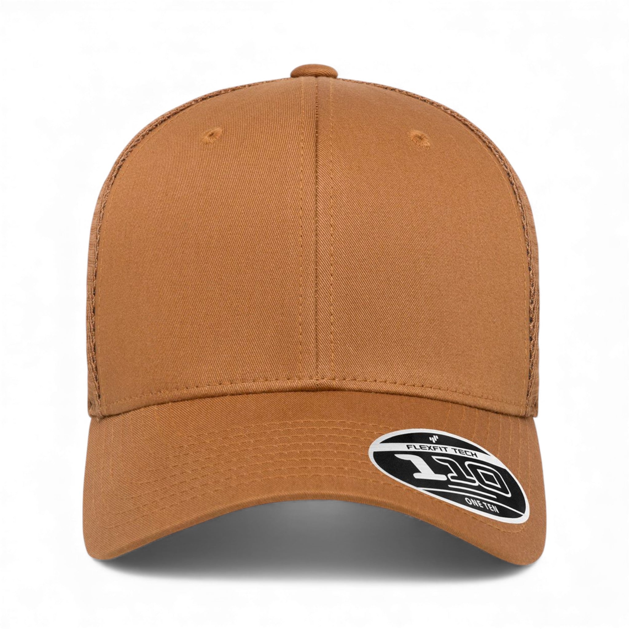 Front view of Flexfit 110M custom hat in caramel