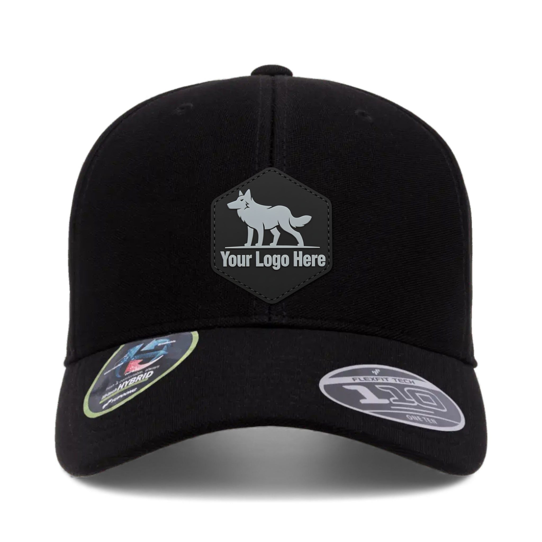 PVC patch preview of Flexfit 110P custom hat in black