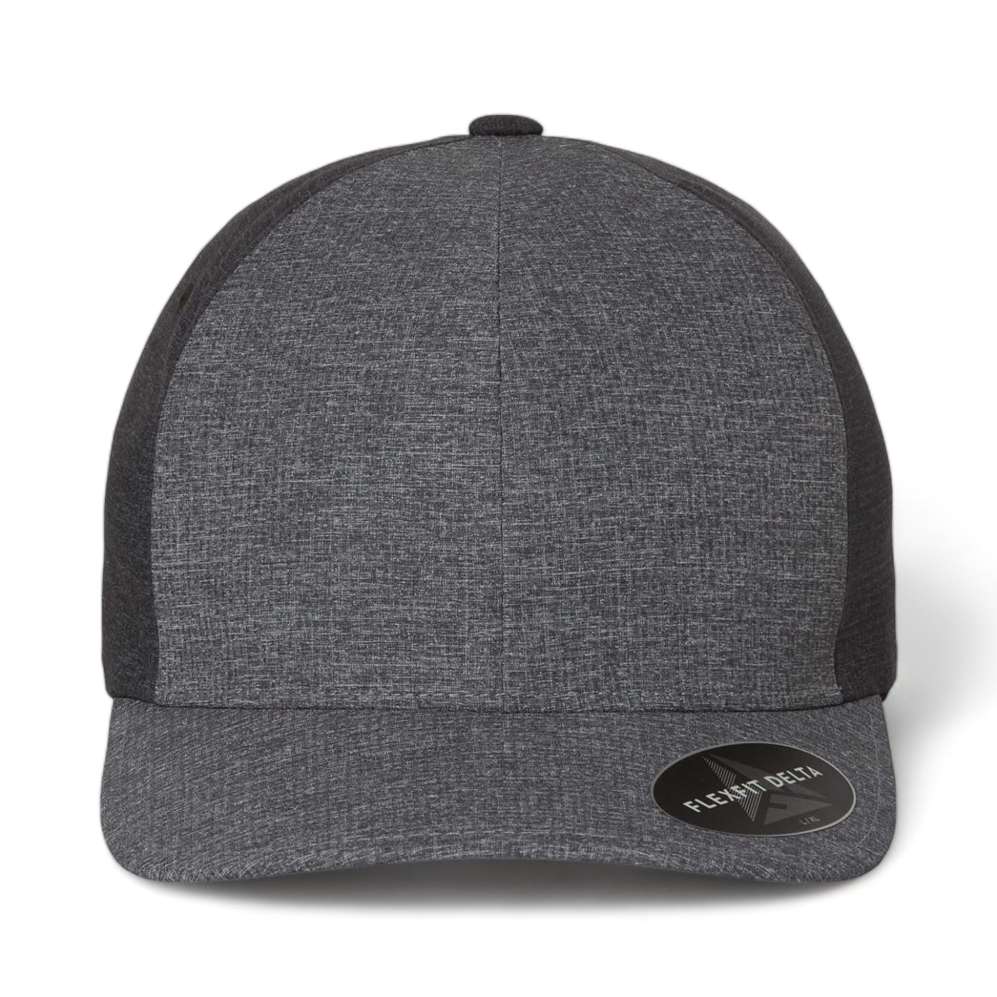 Front view of Flexfit 180 custom hat in mélange blue and mélange charcoal