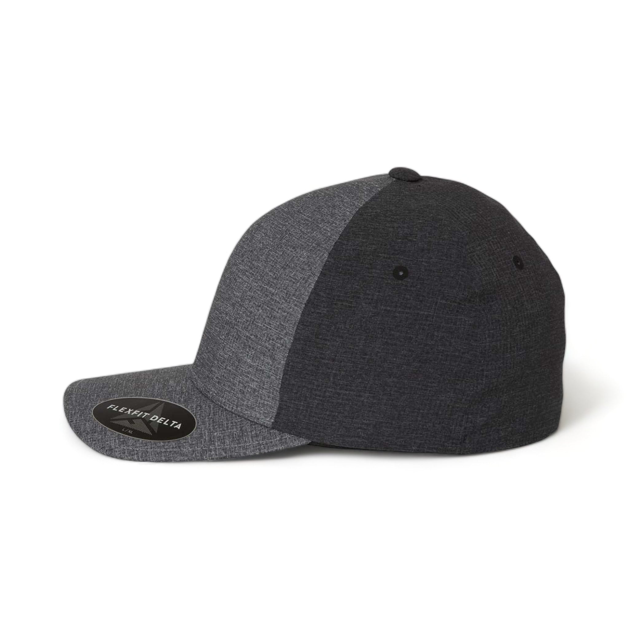 Side view of Flexfit 180 custom hat in mélange blue and mélange charcoal