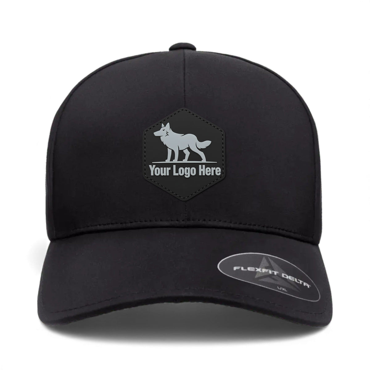 PVC patch preview of Flexfit 180 custom hat in black