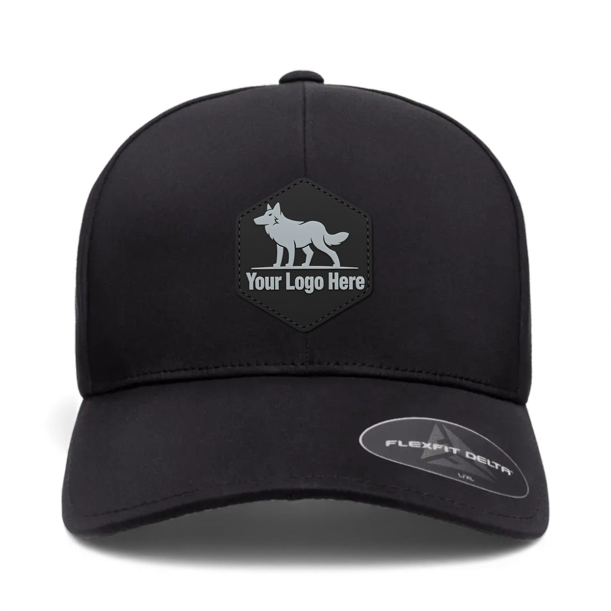 PVC patch preview of Flexfit 180 custom hat in black