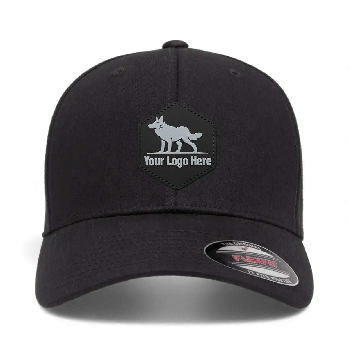 PVC patch preview of Flexfit 5001 custom hat in black