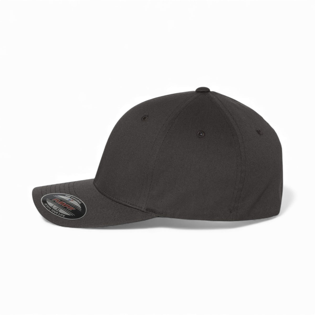 Left side view of Flexfit 5001 custom hat in dark grey