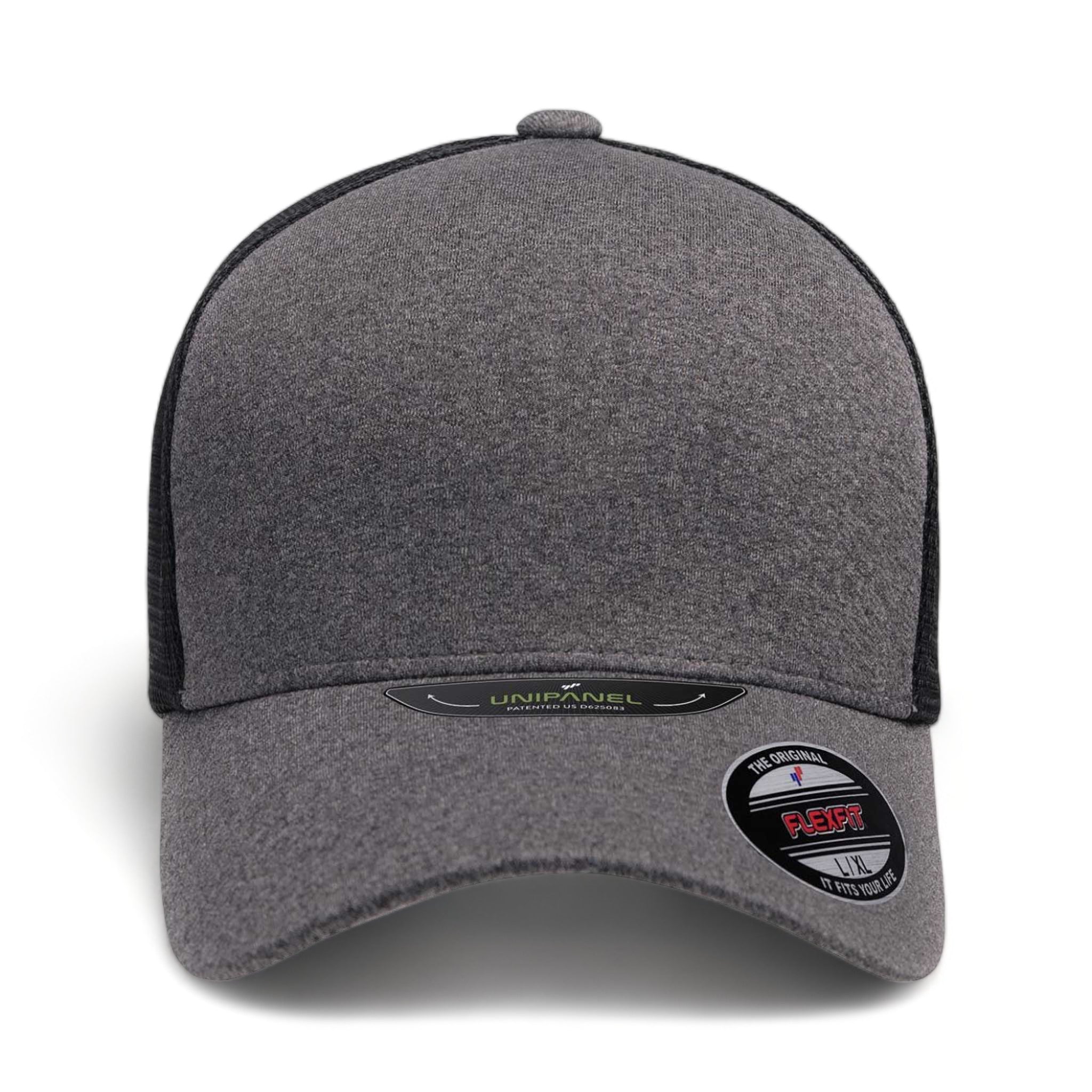 Front view of Flexfit 5511UP custom hat in mélange heather and black