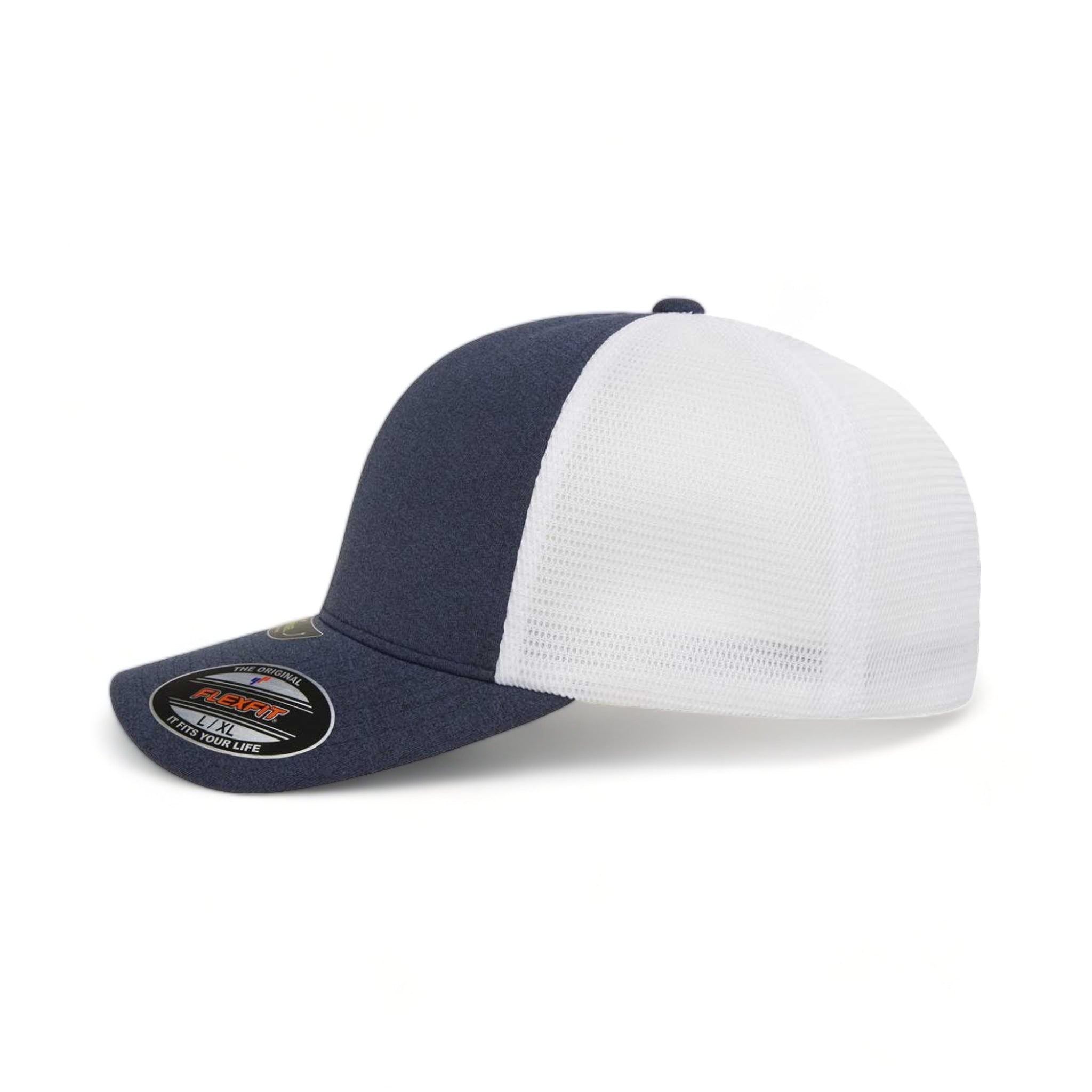 Side view of Flexfit 5511UP custom hat in mélange navy and white